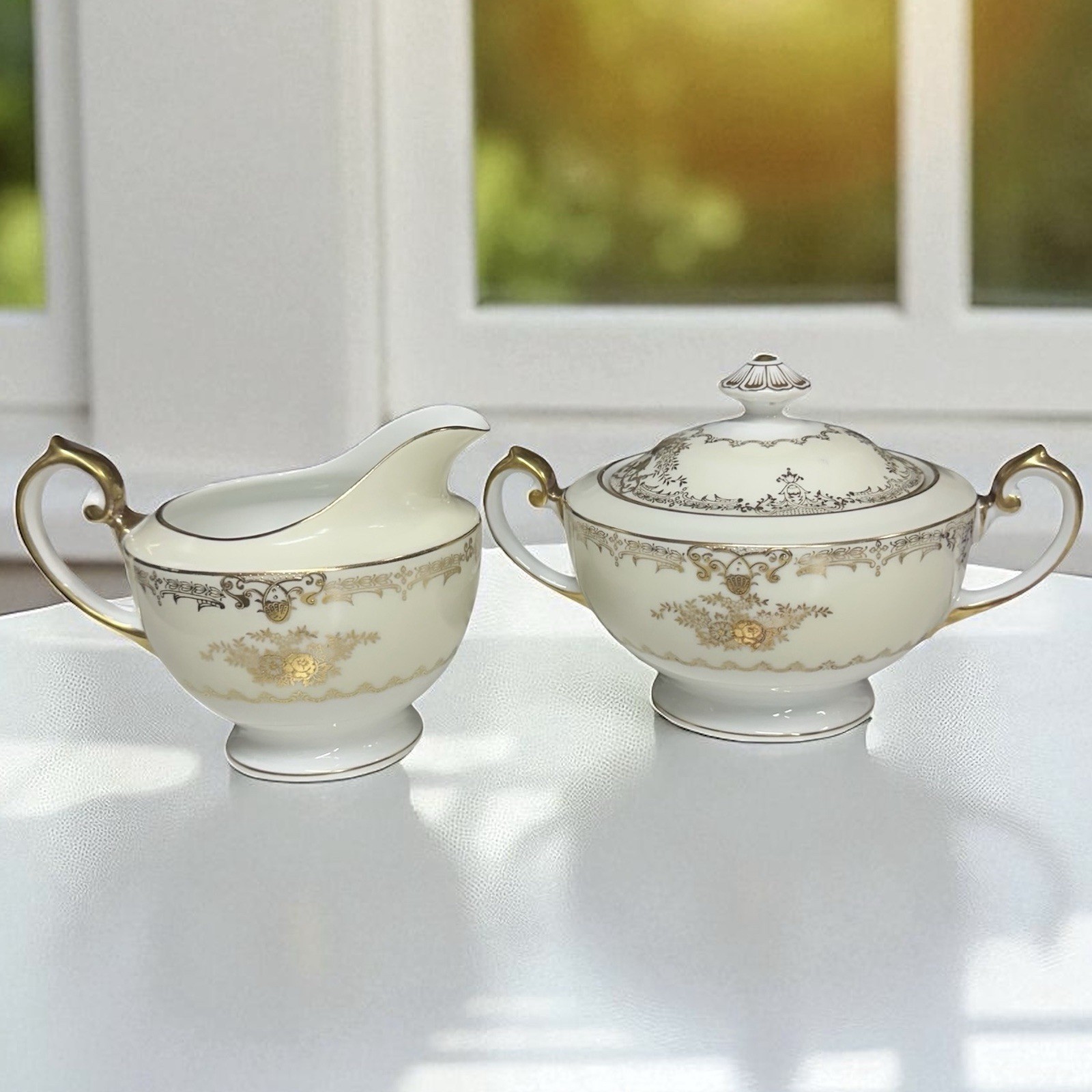 James Japanese China Meito Sugar Bowl Lid Creamer Set Augusta Older Gold Trim