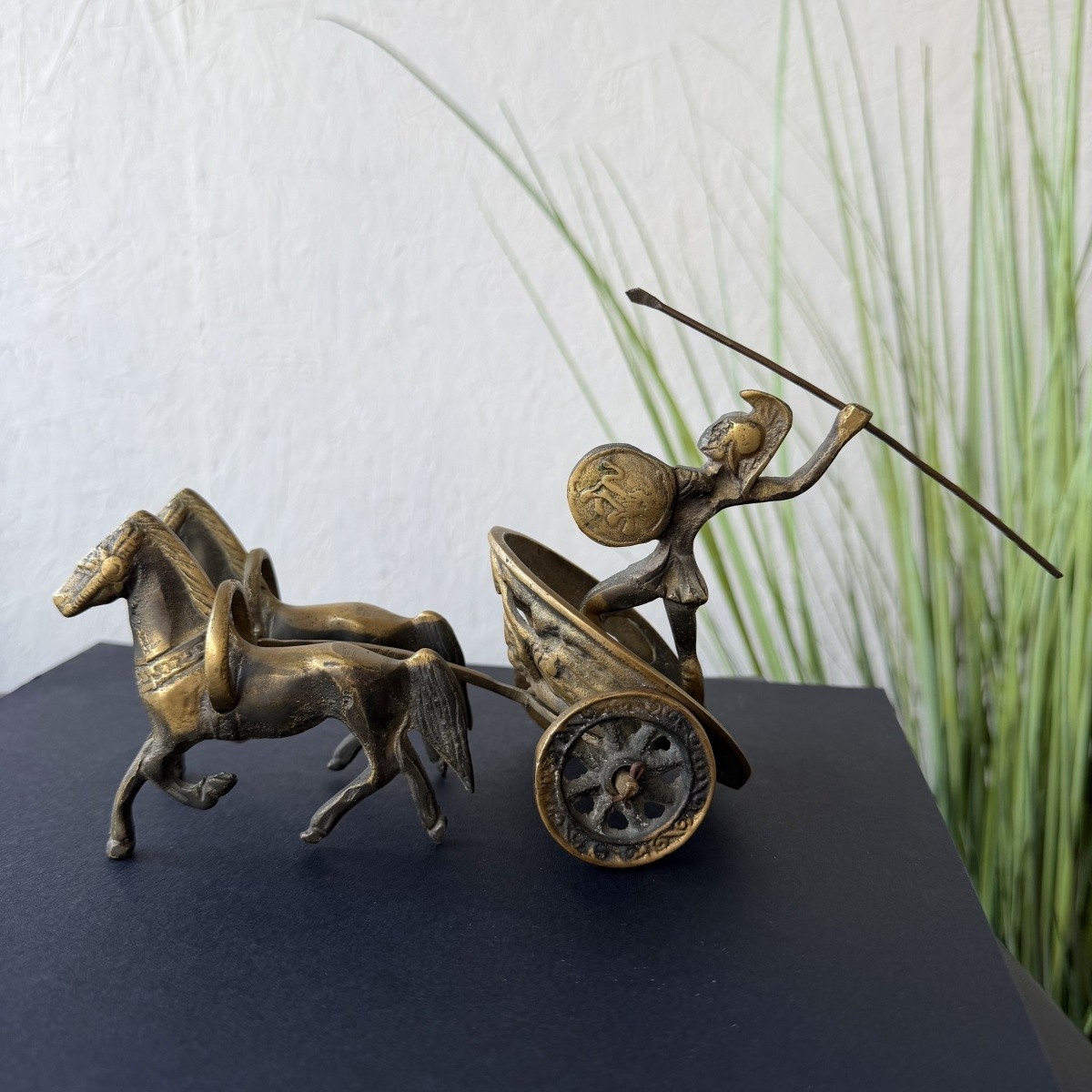 Vintage Roman Bronze Warrior in Horse Chariot Figurine Classical Ancient Decor