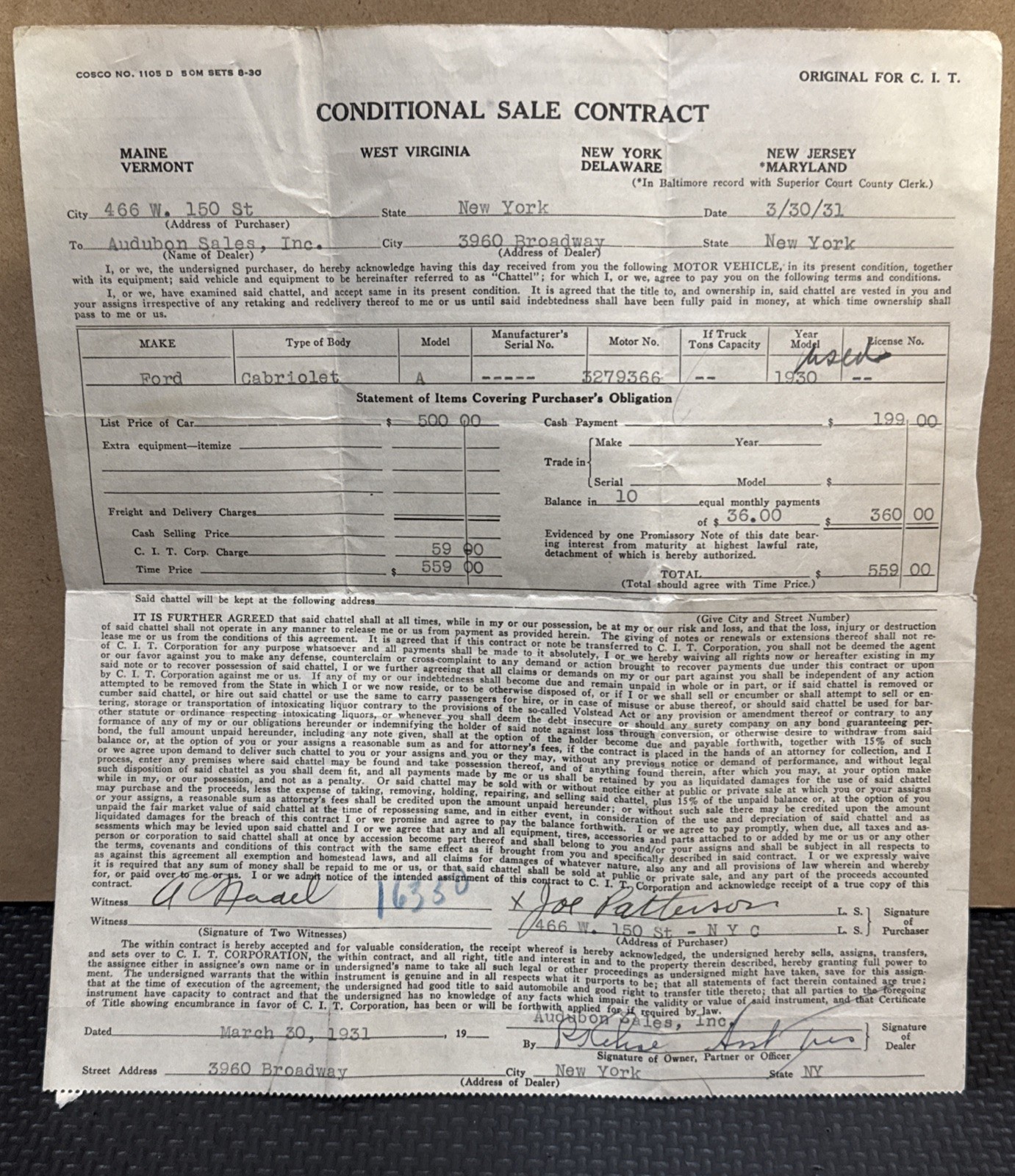 Vintage 1931 Conditional Sale Contract | 1930 Ford Cabriolet Model A | NYC