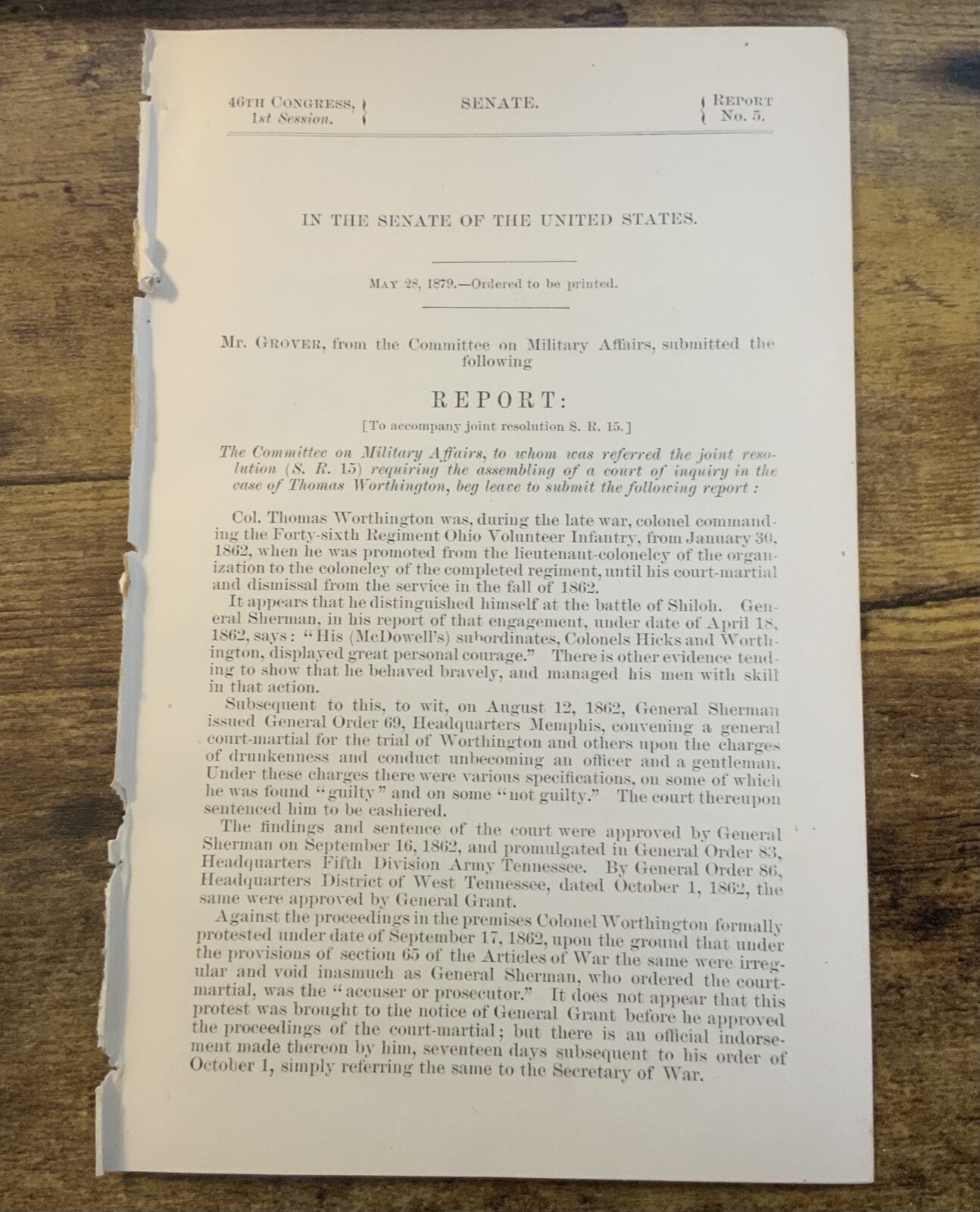 Antique 1879 Government Report Col. Thomas Worthington 46th Reg. Ohio Vol. Inf.