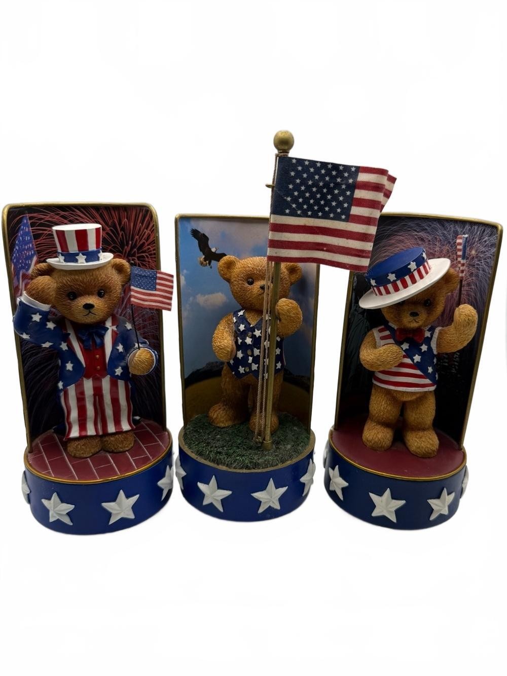 Vintage American Liberty Bells Patriotic Teddy Bear Music Boxes - Red White Blue