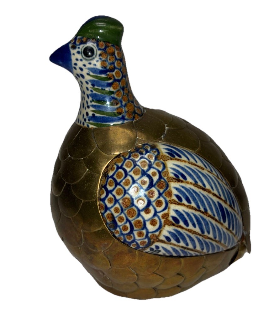 Vintage Sergio Bustamante Quail Mexican Tonala Pottery Brass B Mark 7x5\