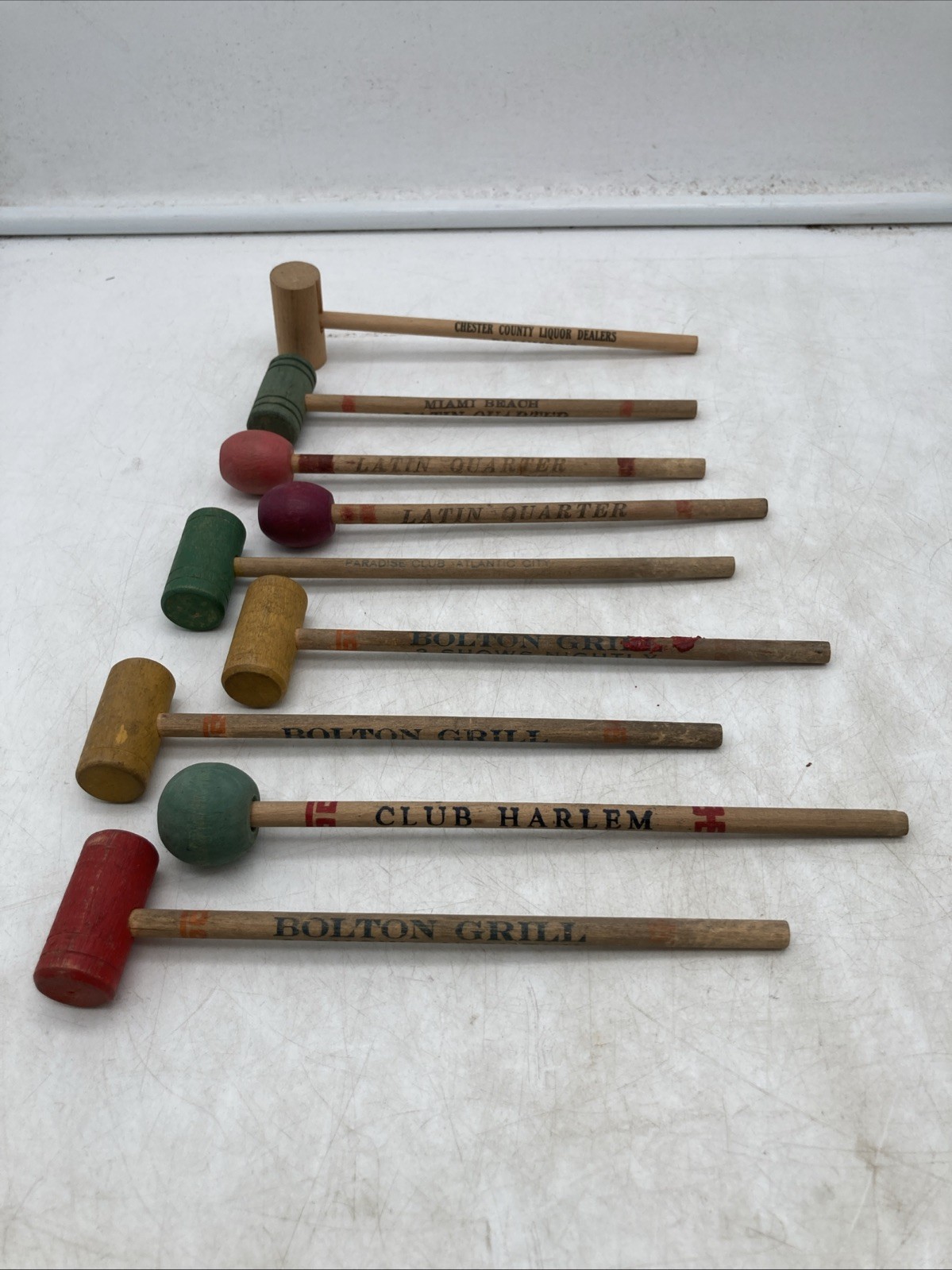 Vtg LOT of 9 Wooden Advertising Mallet Table Knocker Club Harlem Latin Quarters