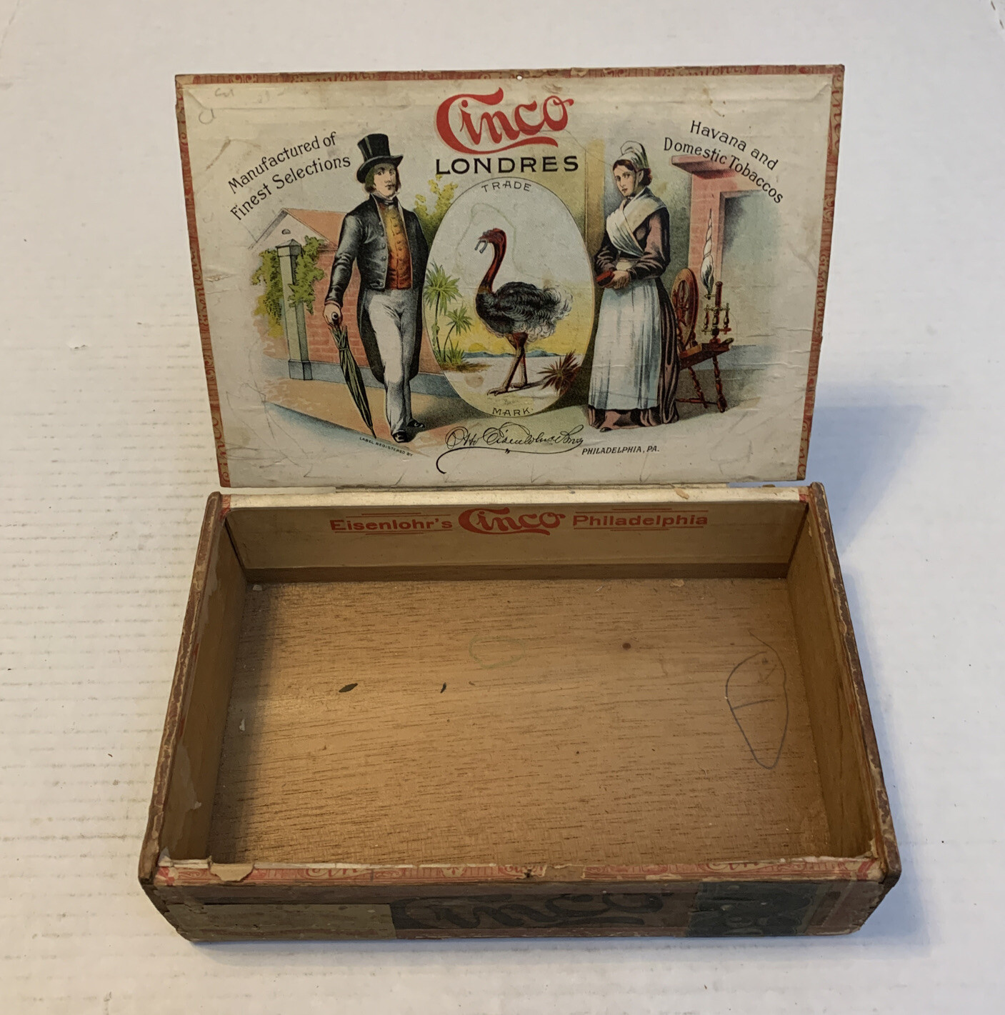 Cinco Cigar Box 1901 Stamp Antique Eisenlohr’s Philadelphia Niles & Moser KC MO