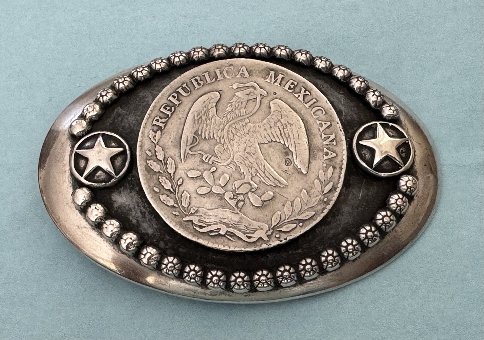 Vintage Sterling Silver México Peso Dollar Reales Coin & Star Trophy Belt Buckle