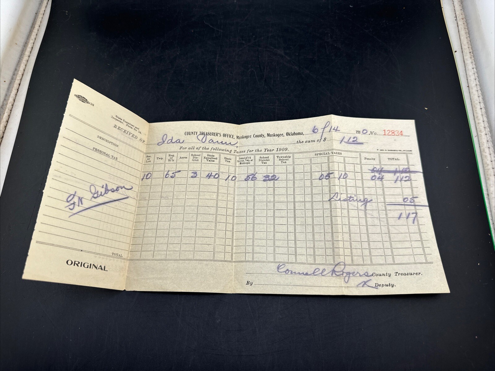 💥Antique Tax Form 1909-1910 Taxes Fort Gibson, Muskogee Oklahoma