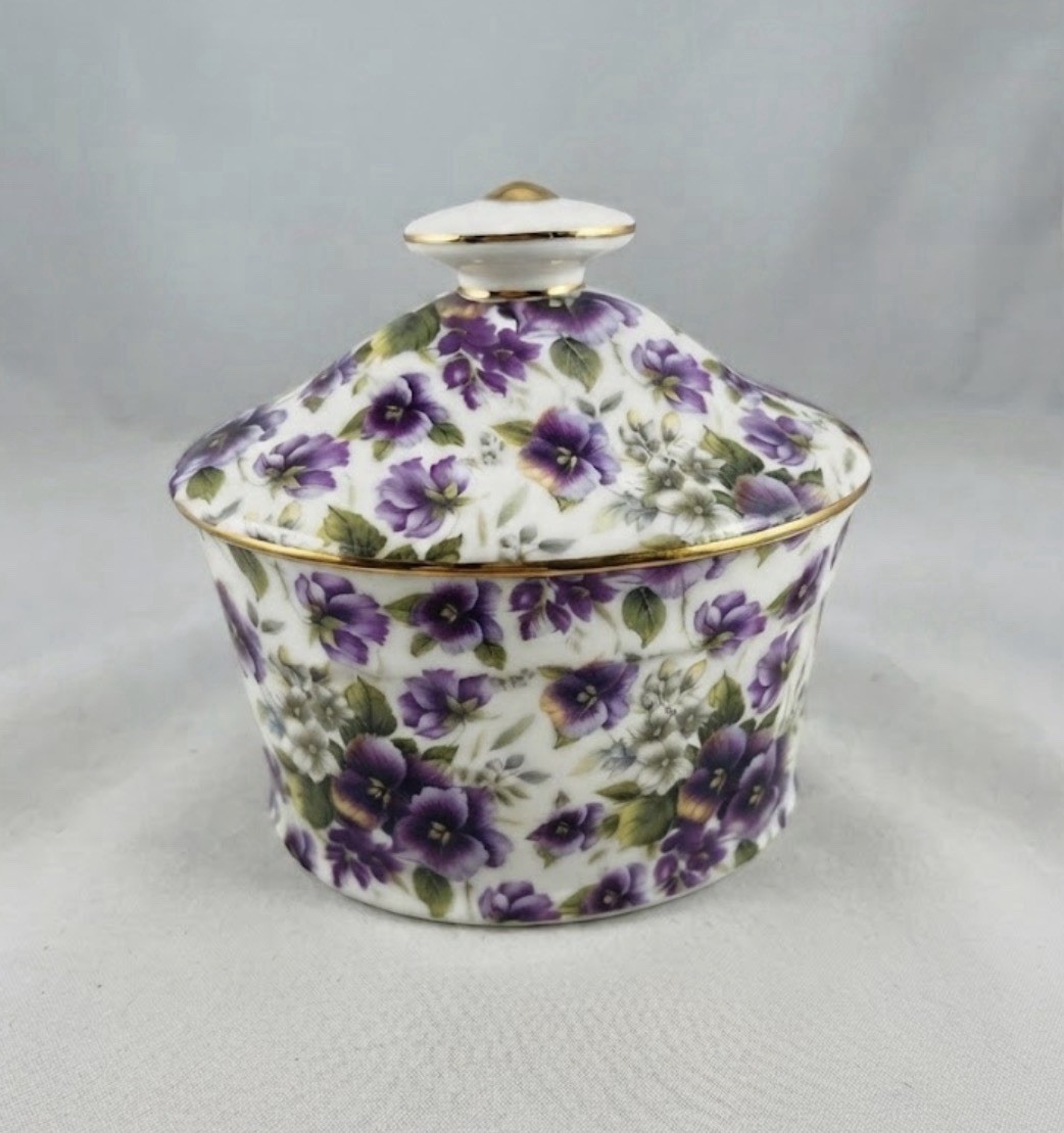 Vintage Style Porcelain Purple Violet Floral Sugar Bowl with Lid Gold Trim