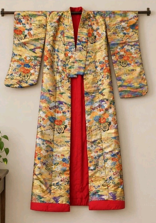 Vintage Japanese Bridal Uchikake Kimono Gold Brocade Silk Wedding Robe 75