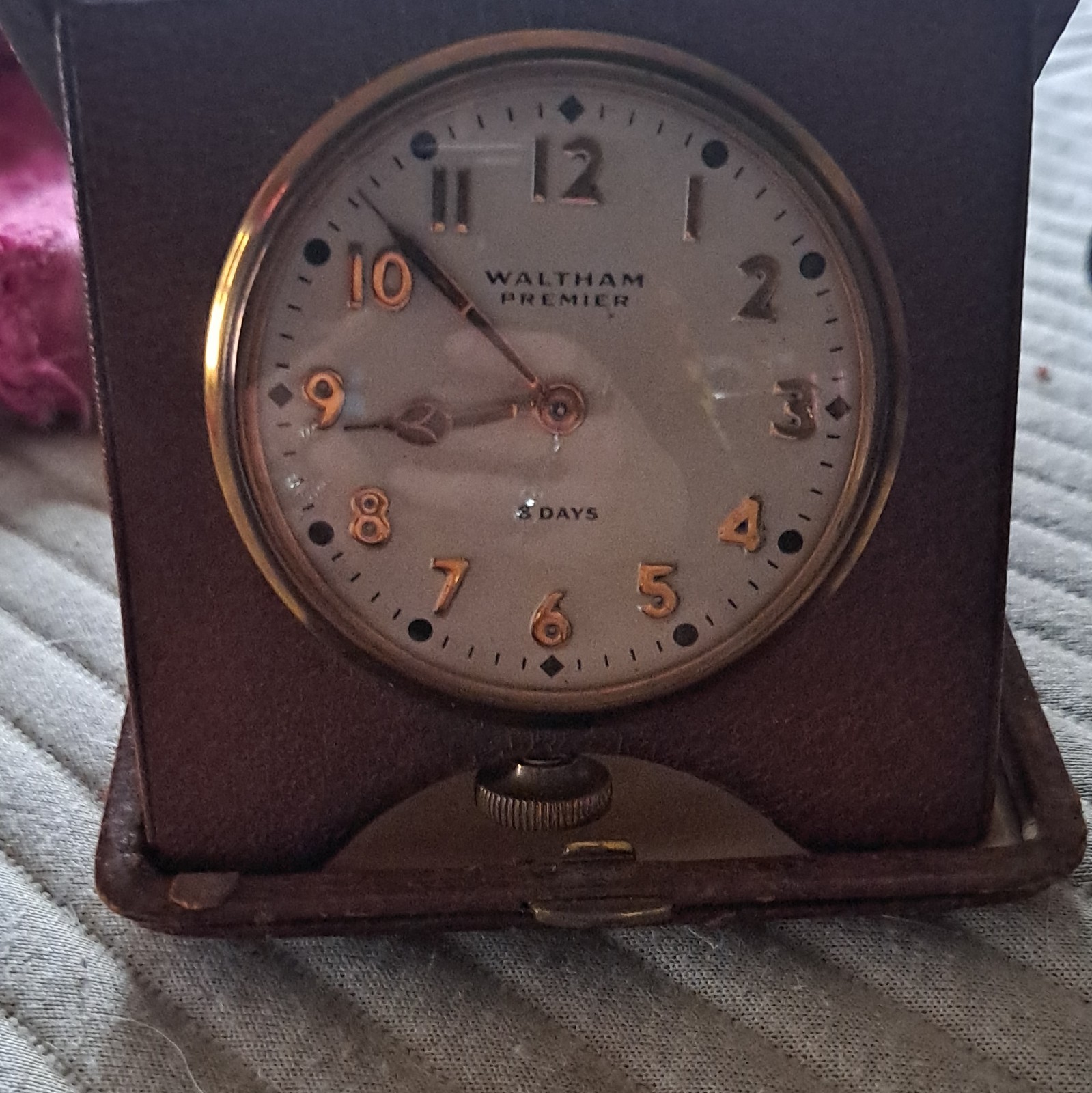 Waltham Premier 8-Day Analog Desk Clock Brown Folding Case Arabic Numerals