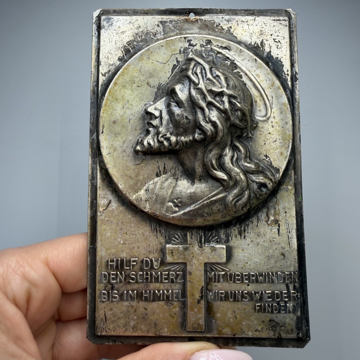 Vintage German Ecce Homo Jesus Christ Memorial Plaque Silver Plated Copper Decor