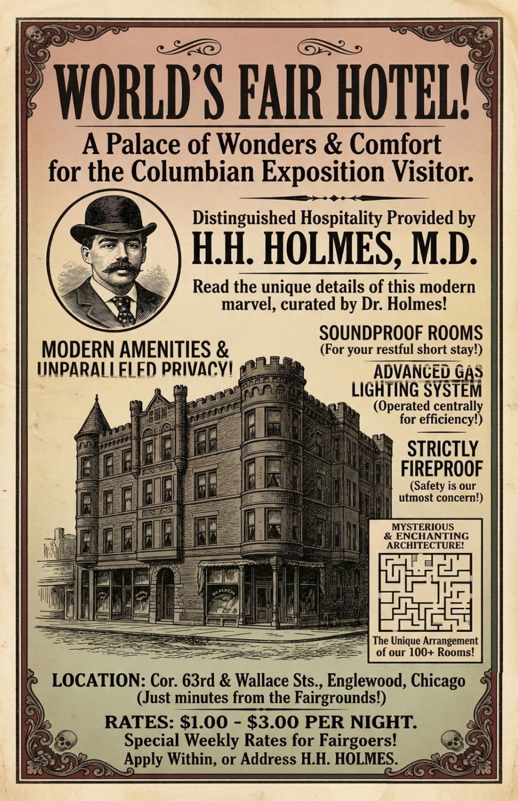 HH Holmes Murder Castle Serial Killer Poster Print Matte Glossy Hotel Ad