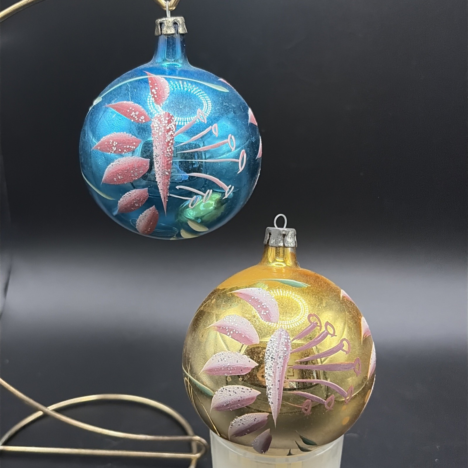 Vintage Hand Painted Poland Or Czech Glass 3 Inch Ornaments Gold Blue