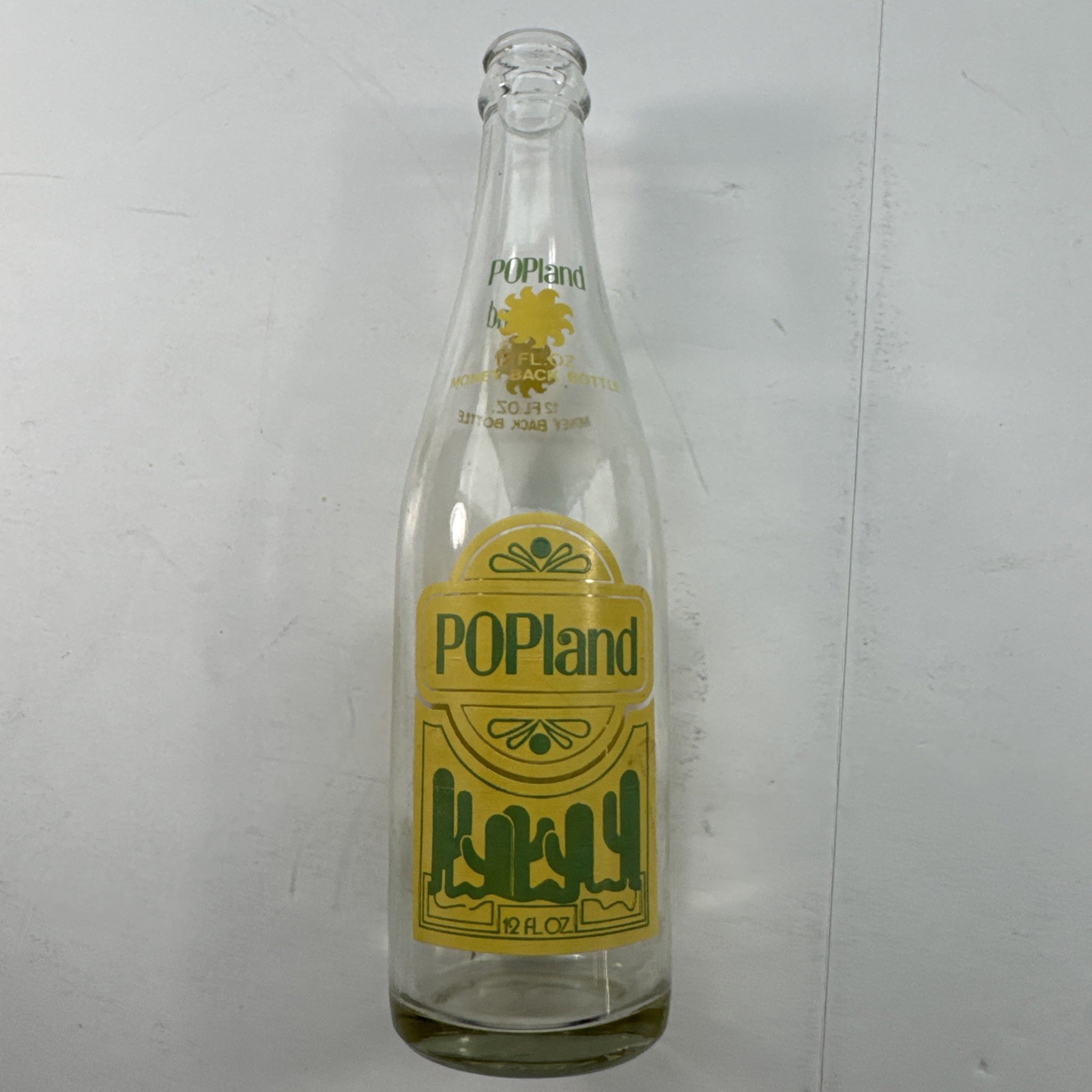 Vintage 12oz ACL Glass Soda POPland Yellow w/ Green Cactus Label - No City