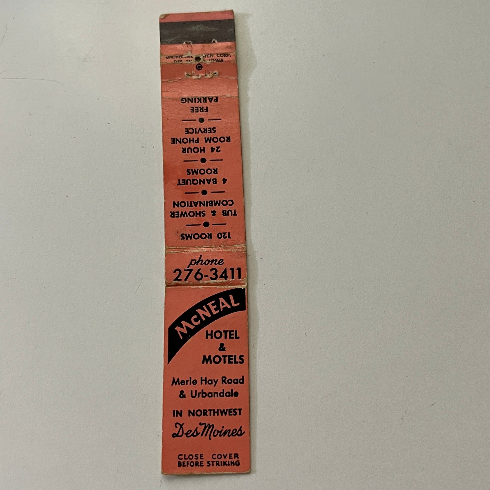 McNeal Hotel & Motels Urbandale Des Moines Vintage Slim Matchbook Cover SMM14-7