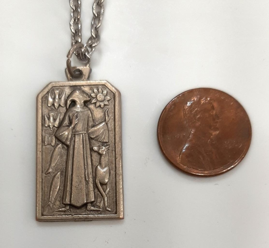 Handsome Stylize 1970\'s Vintage St. Francis of Assisi Silvertn Medal Necklace