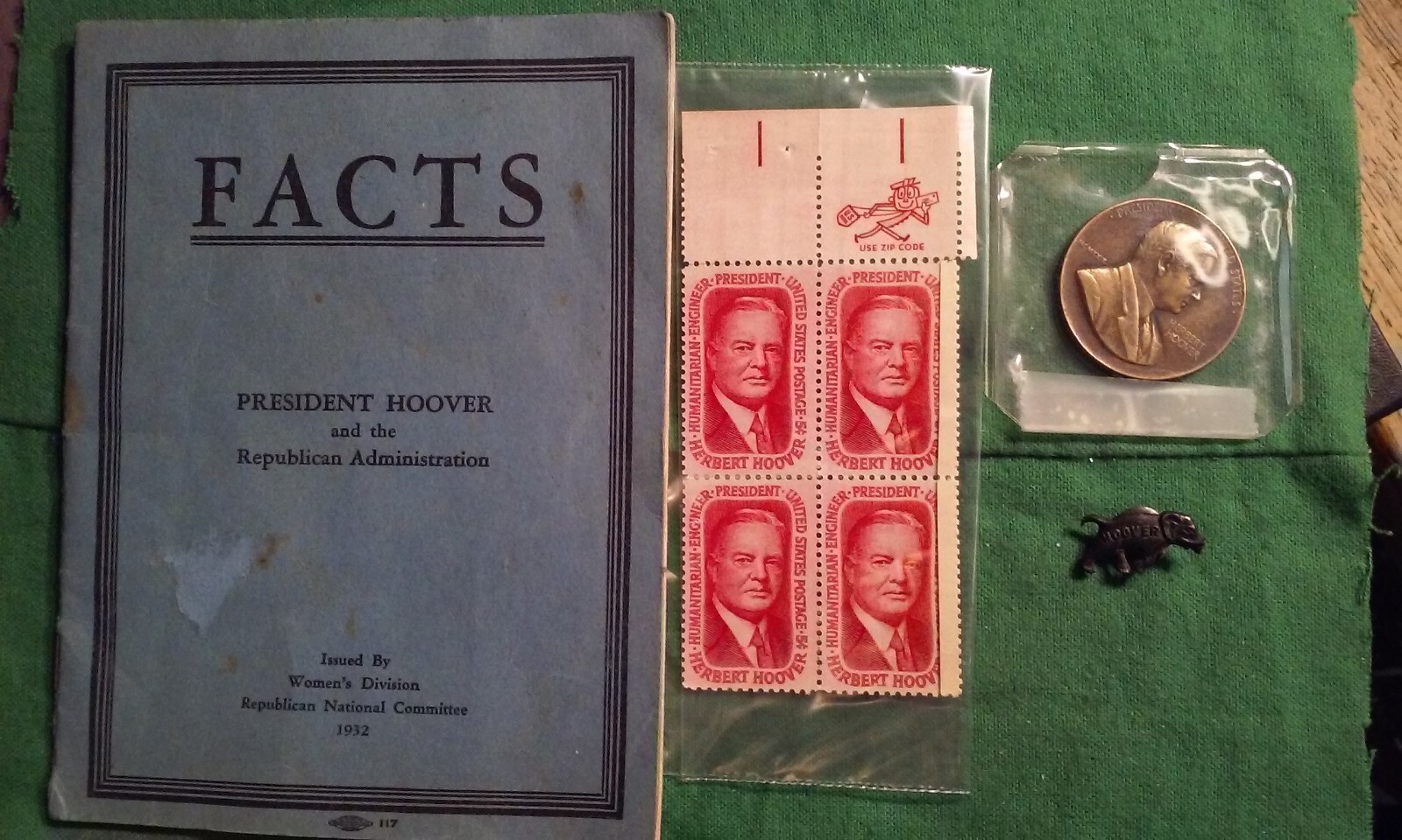 Lot 4 HERBERT HOOVER Items 1931 Coin MEDAL 1922 Booklet Stud Pin &Stamps