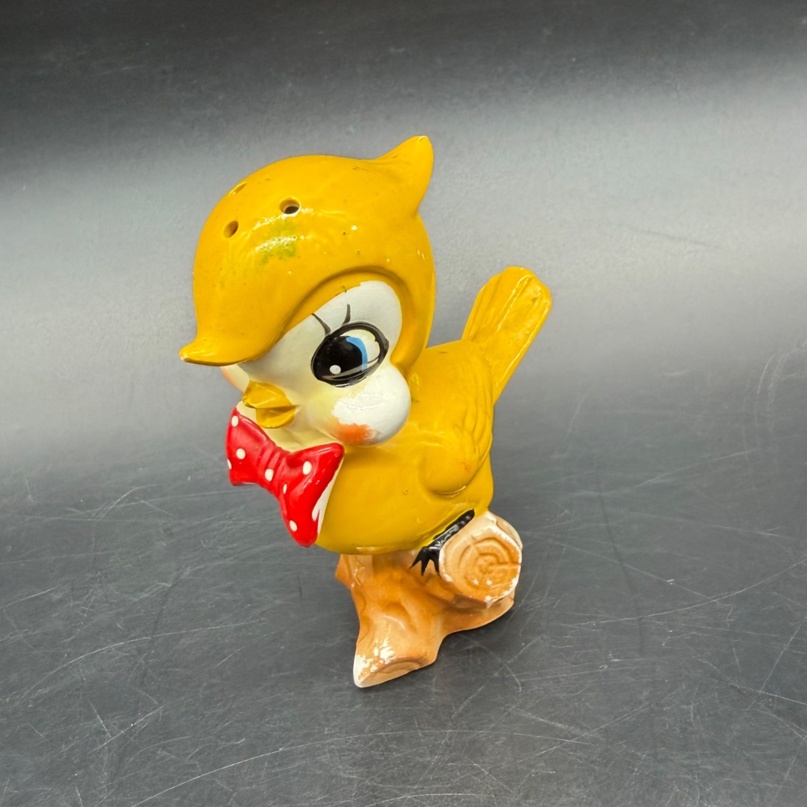 Vintage Yellow Bird Shaker Red Polka Dot Bow Tie Anthropomorphic Kitsch READ