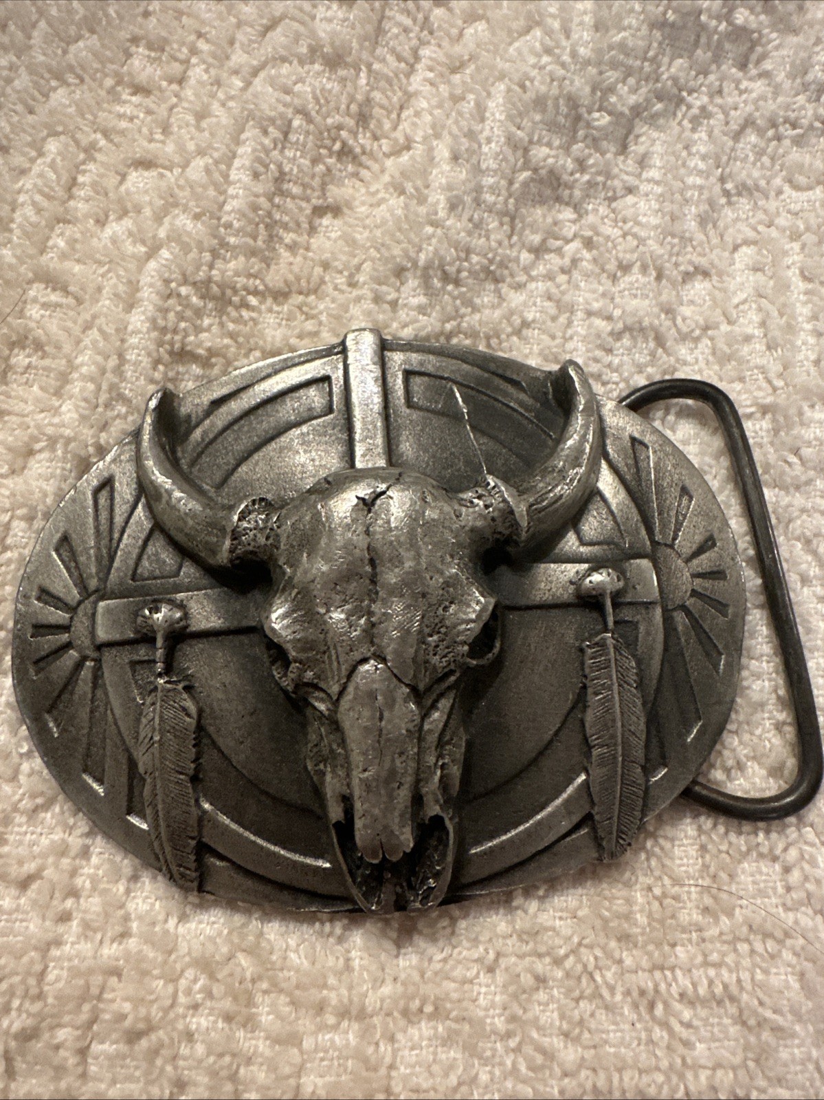 Vintage 1986 Siskiyou Pewter Belt Buckle U-40 Bull Skull Feathers Made In USA