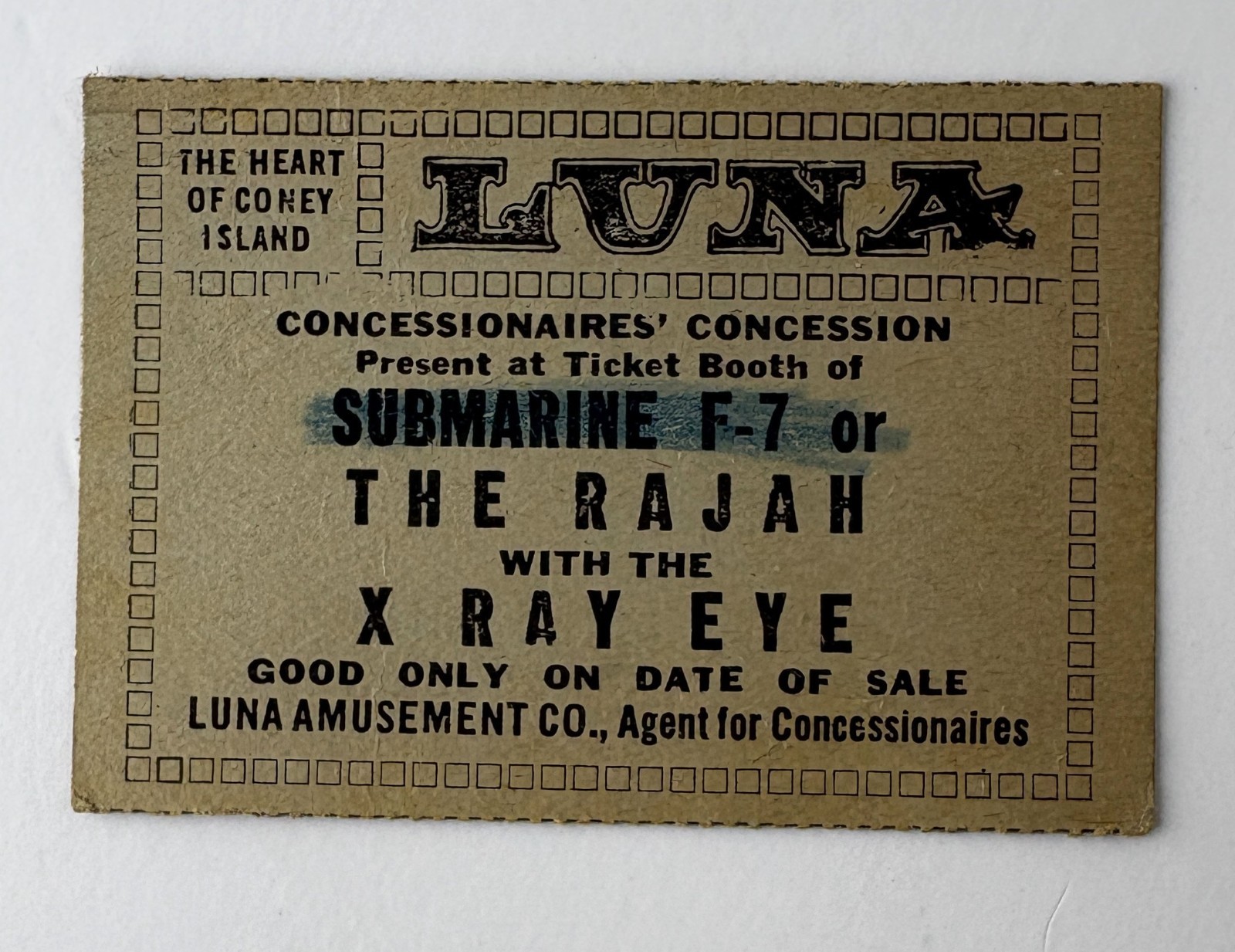 Rare WWI Era Luna Park Coney Island Ticket Stub - Submarine F-7 Rajah X-Ray Eye Rare WWI Era Luna Park Coney Island Ticket Stub - Submarine F-7 Rajah X-Ray Eye