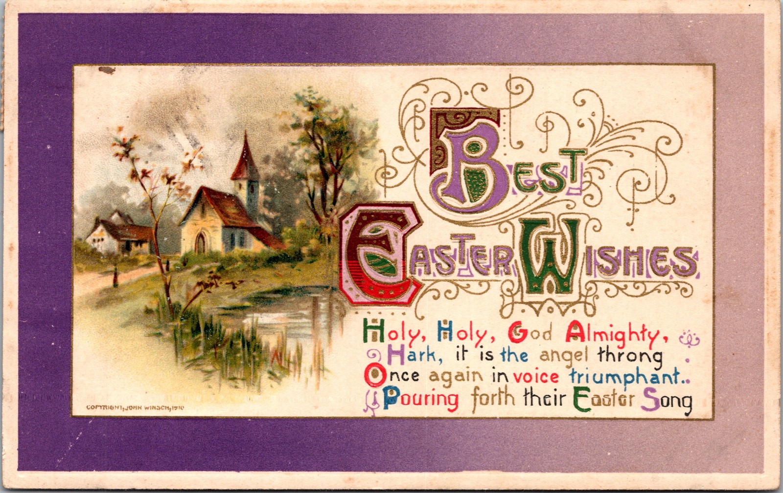 Postcard Easter Winsch 1911 Church by pond Holy Holy God Almighty Dwight IL