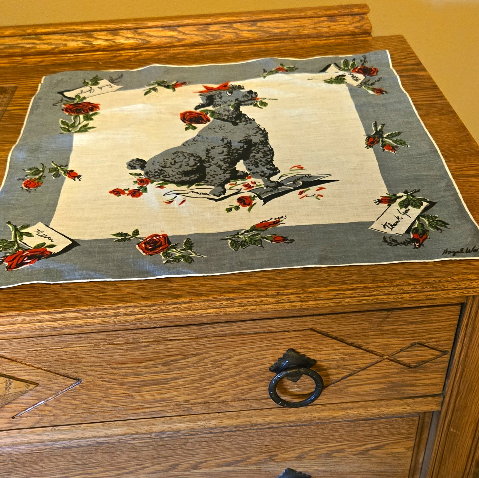 Vintage Hazel Ware Signed Poodle Handkerchief Gray Red Roses Thank You Hankie