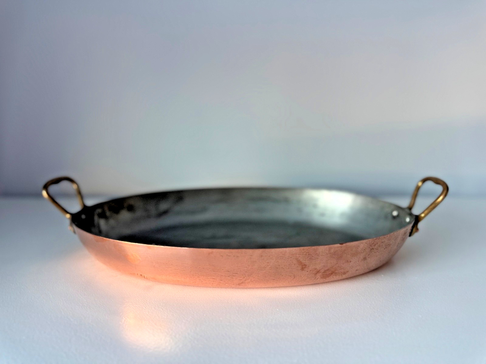 Vintage BonJour Copper Oval Au Gratin Pan /Roaster /Fish Skillet Brass Handles