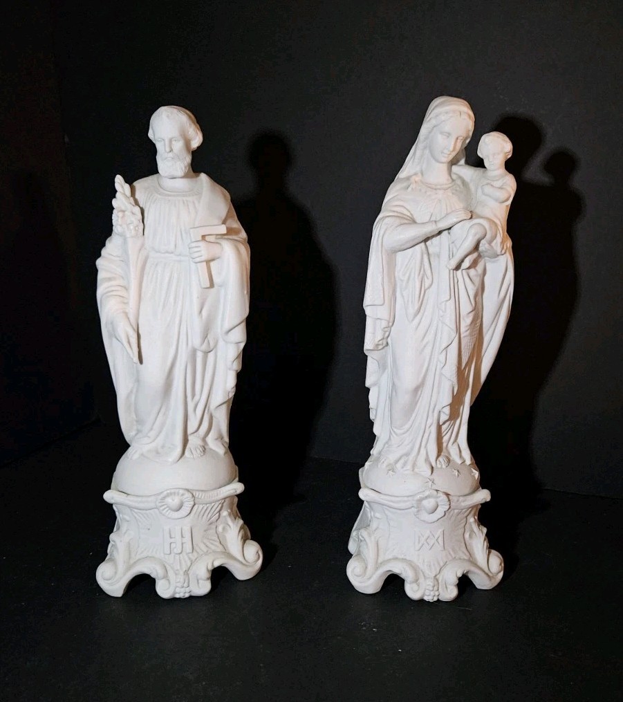 Vintage White Bisque Porcelain Religious Statues Mary Jesus Joseph Pair Figurine