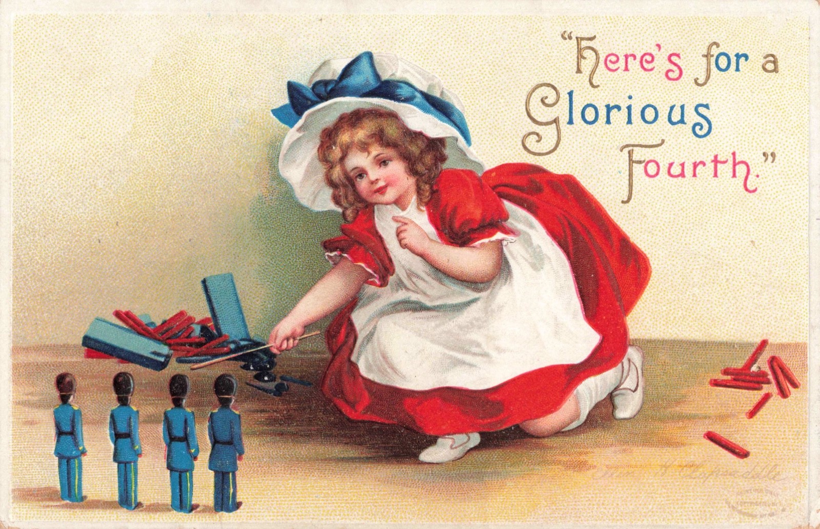 Clapsaddle Patriotic Postcard July 4th Girl with Soldiers Signed  c 1910   Y11