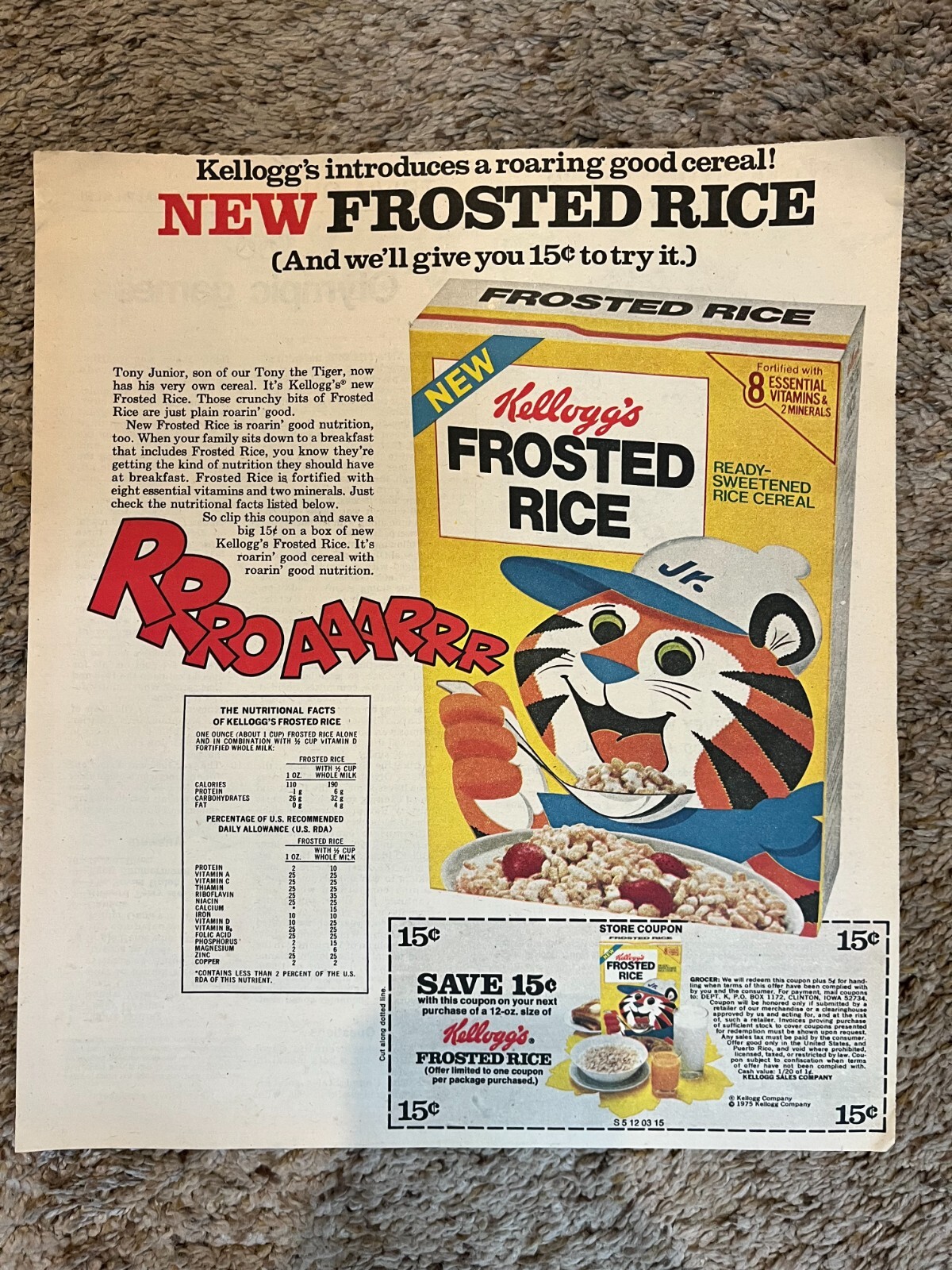 1975 Kellogg\'s Frosted Rice Newspaper Ad and Coupon Tony Jr. 1975 Kellogg\'s Frosted Rice Newspaper Ad and Coupon Tony Jr.
