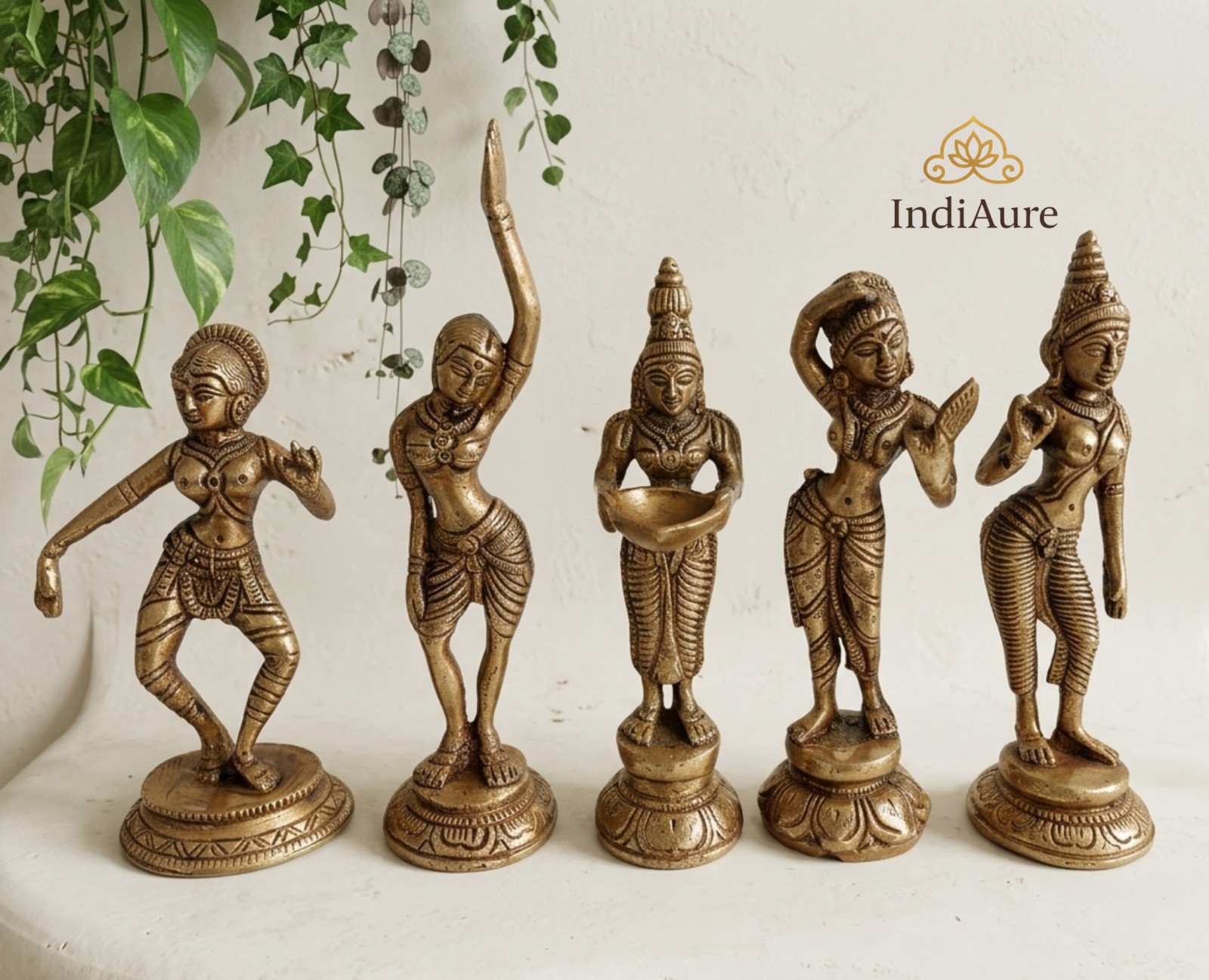 Brass Apsara Statues (Set of 5): Ethnic Spiritual Indian Decor
