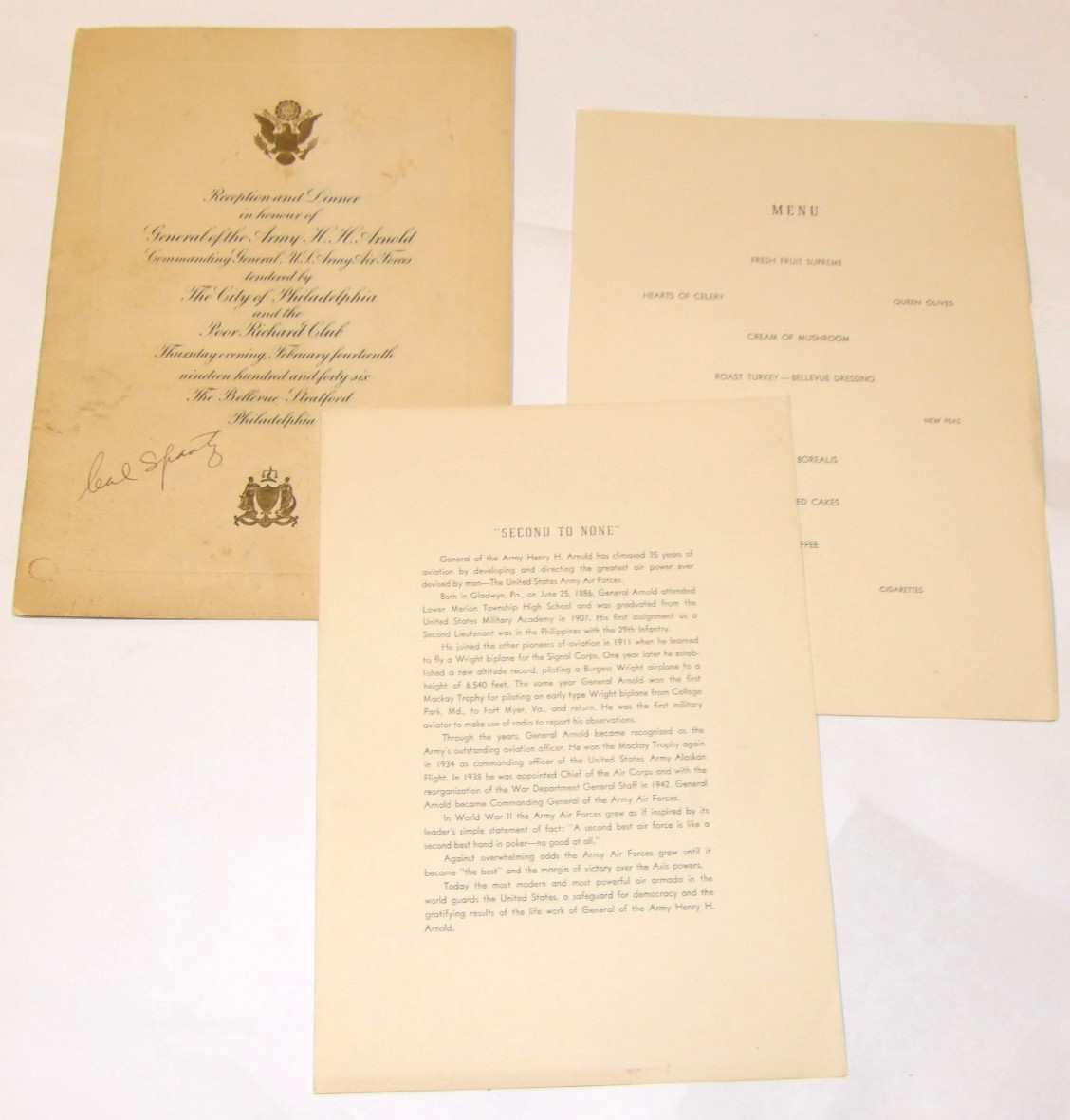 WWII GENERAL HAP ARNOLD RETIREMENT DINNER INVITATION SIGNED BY GEN CARL SPAATZ