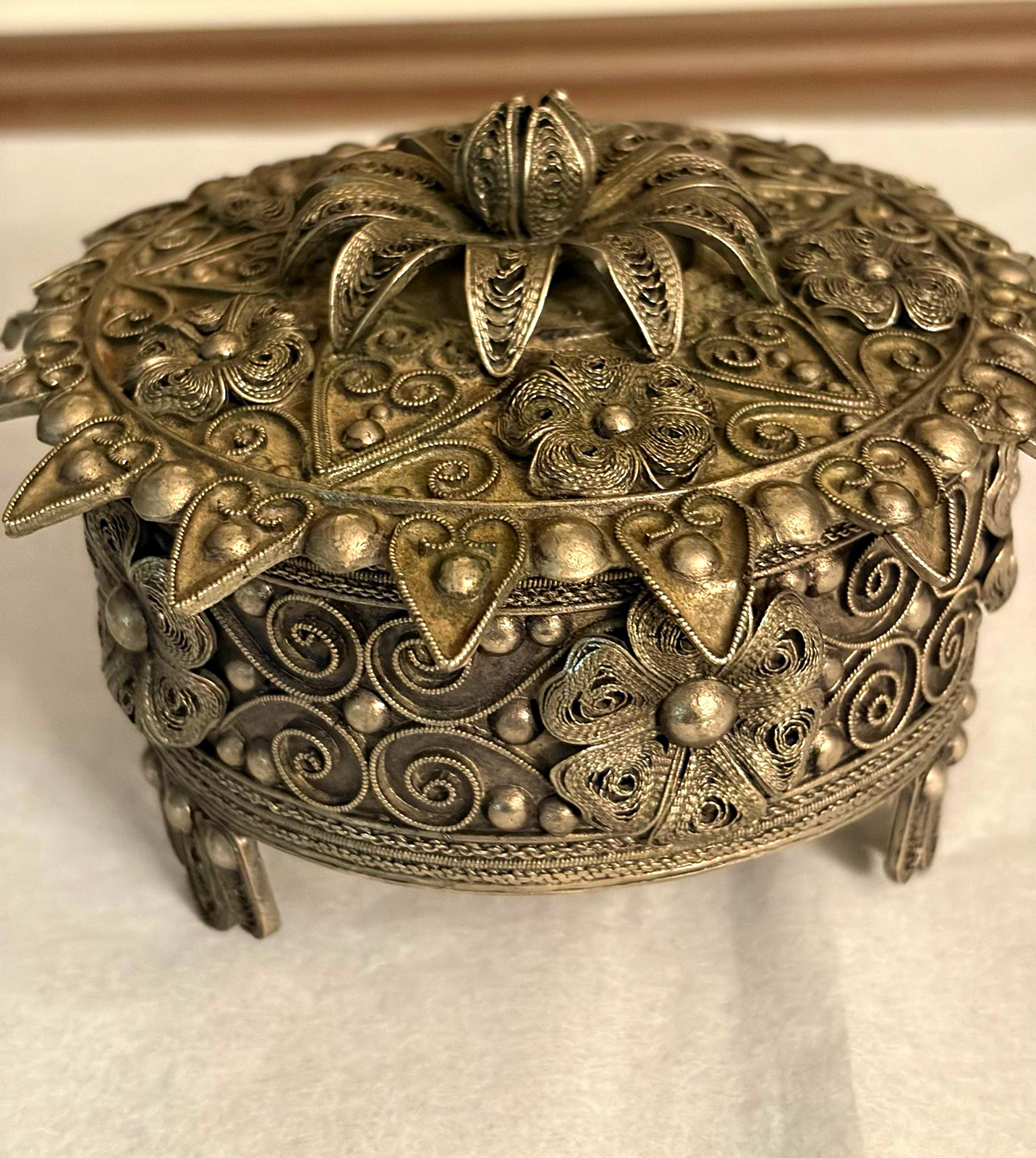 Antique Metal Albimpkes Art Tirana Albania Filigree Trinket Box; Original Label Antique Metal Albimpkes Art Tirana Albania Filigree Trinket Box; Original Label