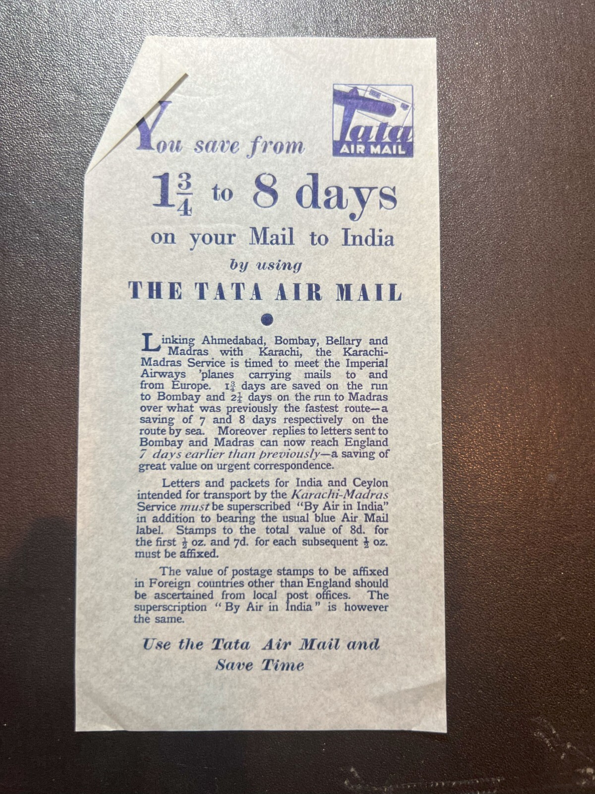 Vintage Tata Airmail Advertisement Leaflet Mail to India Save Time