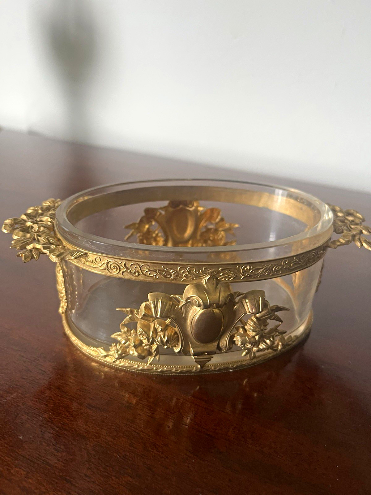 Vintage 19th century French Dore bronze and crystal jardiniere . Vintage 19th century French Dore bronze and crystal jardiniere .