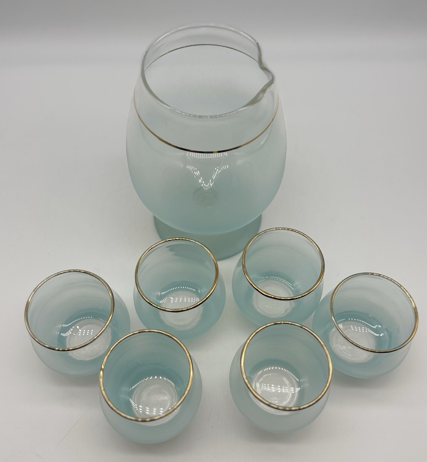 VTG Blendo baby Blue Frosted 1960s Cocktail Pitcher & 6 Roly Poly glasses VTG Blendo baby Blue Frosted 1960s Cocktail Pitcher & 6 Roly Poly glasses