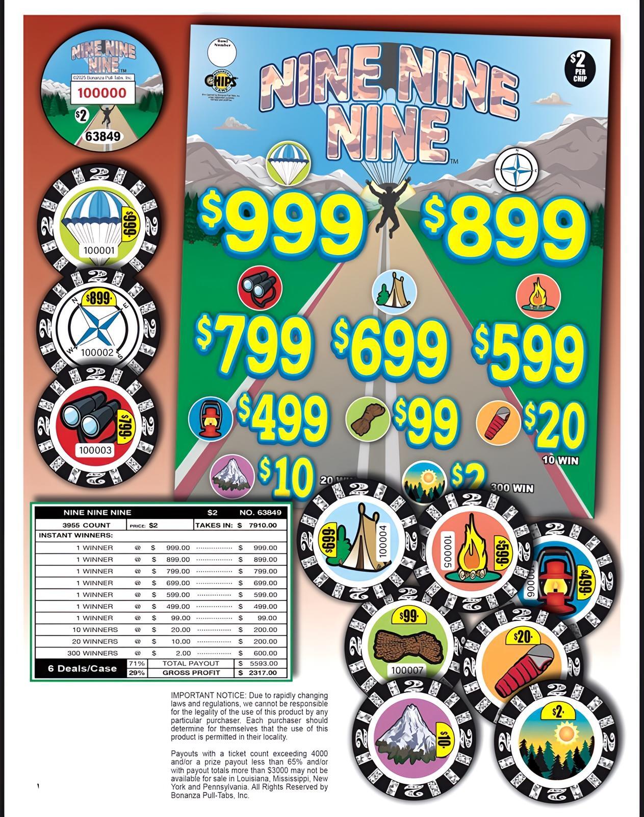 Pull Tab Tickets - Chips- Game- $2 Ticket - Nine Nine Nine - 3,955 ct
