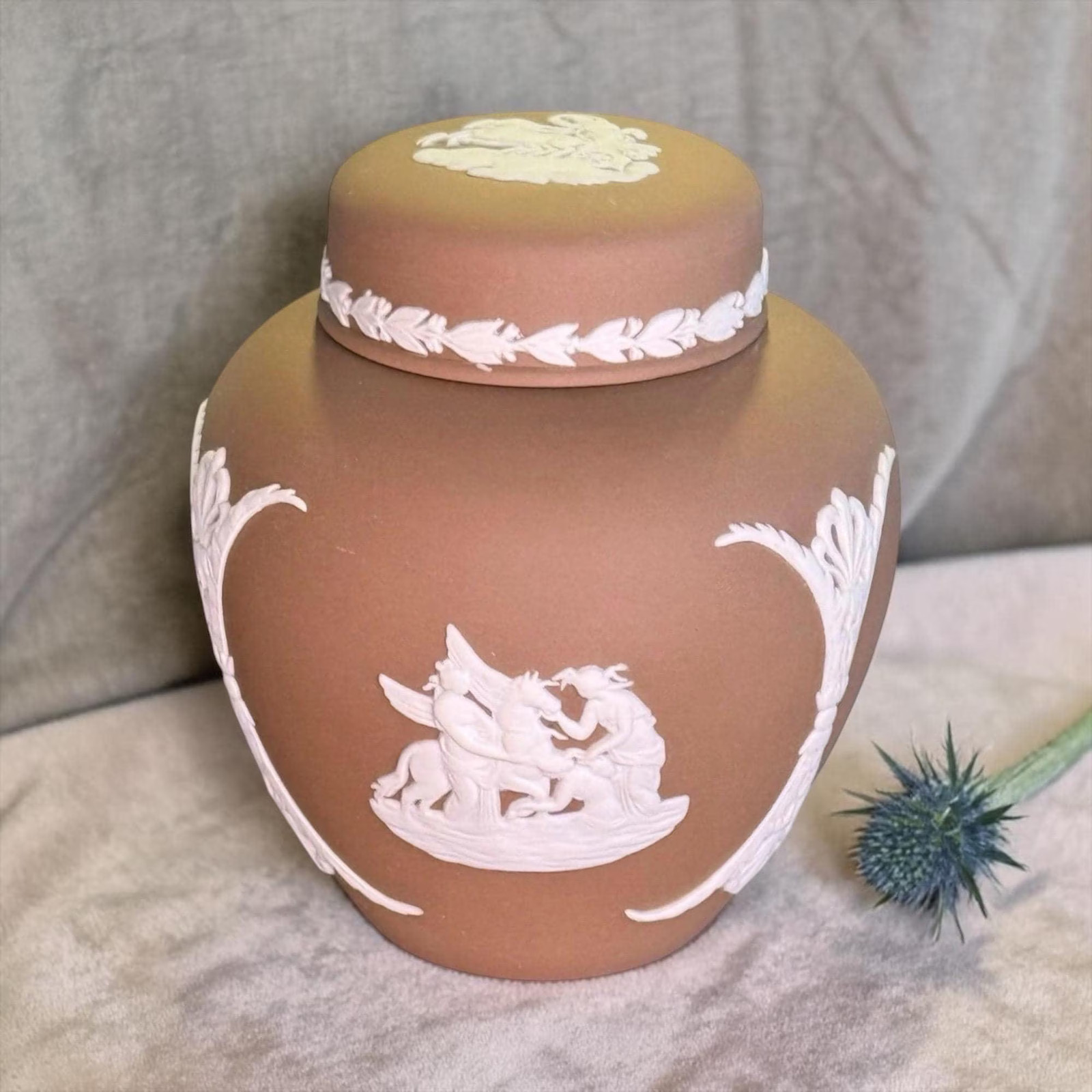 Wedgwood Jasperware Ginger Jar Rare Taupe with Lid 4 in Neoclassical England