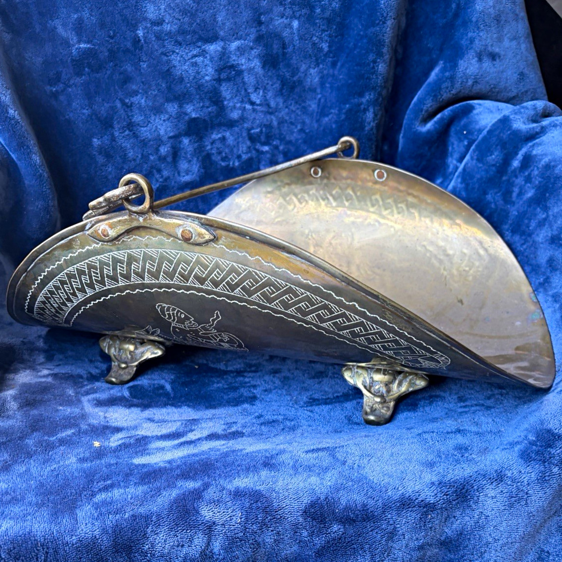 Engraved Brass Coal Scuttle Fireplace Coal Bucket with Feet, Decorative