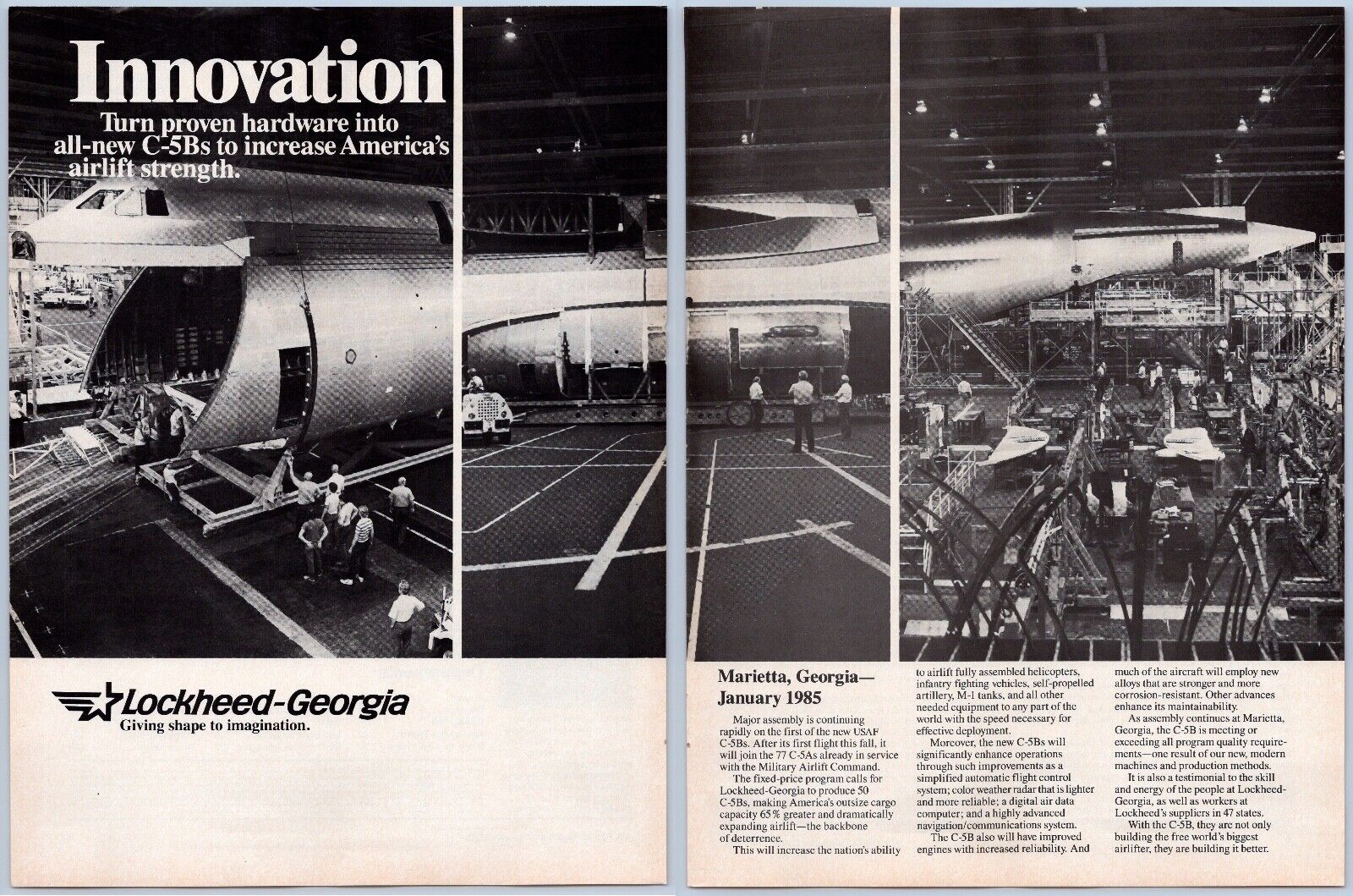 1985 Lockheed Georgia Aviation Ad C-5B Galaxy Transport Plane Factory Production