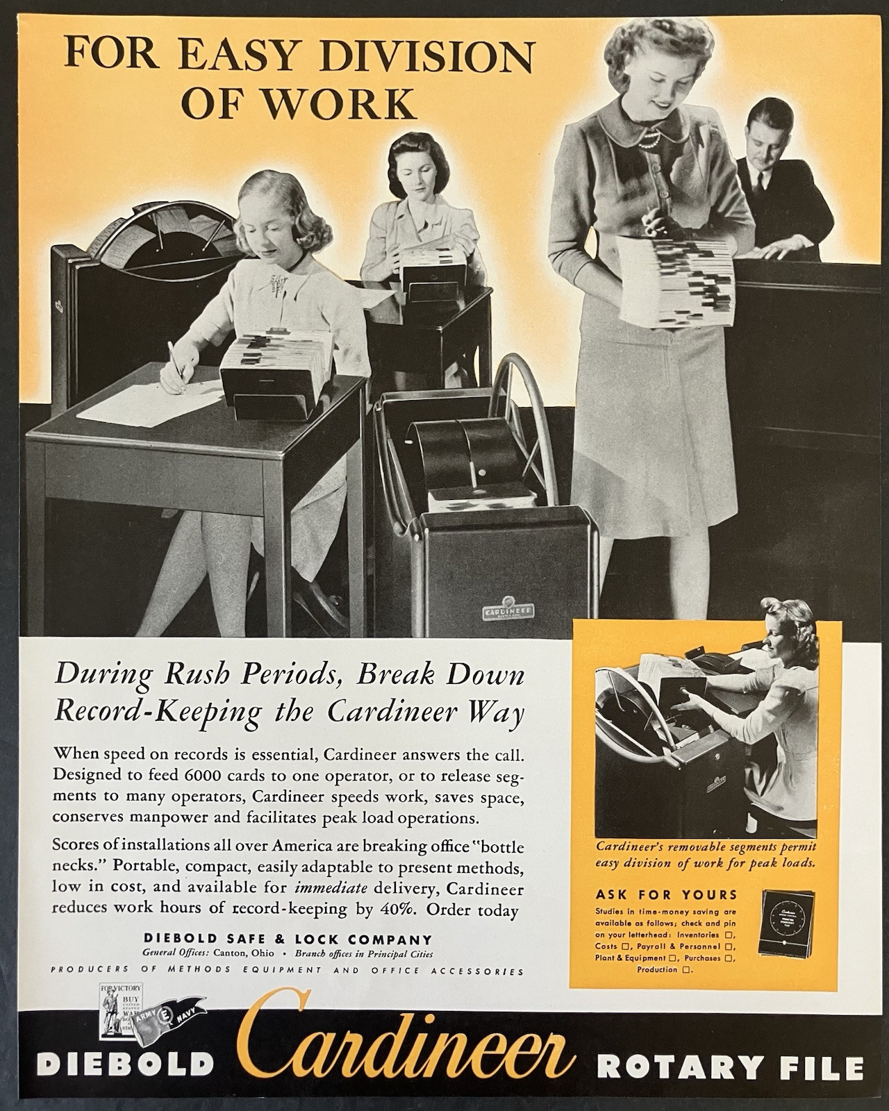 1943 Diebold Cardineer Rotary File Easy Division of Work Canton OH Vtg Print Ad
