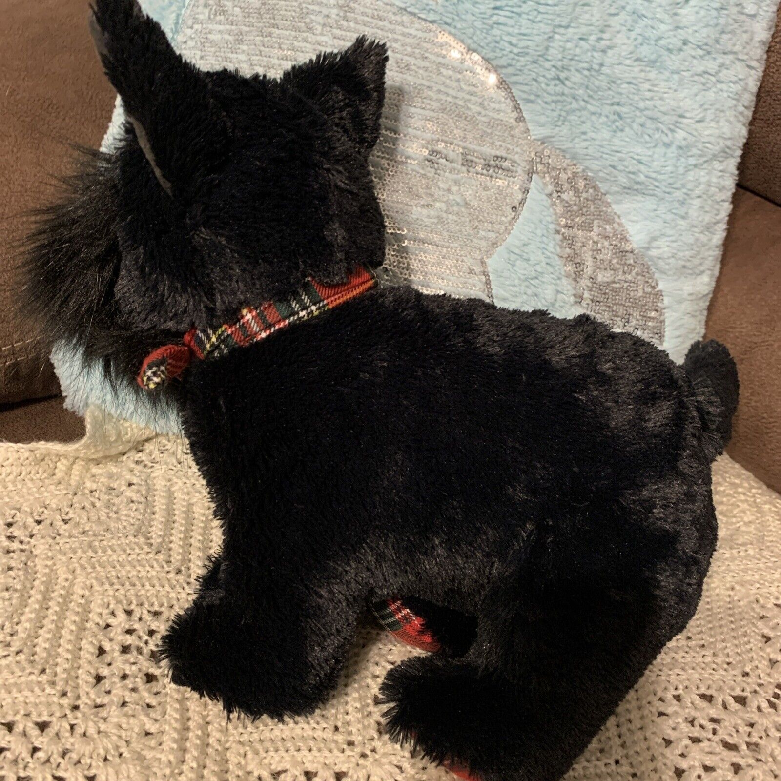 PIER 1 IMPORTS - Black Scottie Dog STUFFED ANIMAL Plush TOY w/ Red Plaid Paws