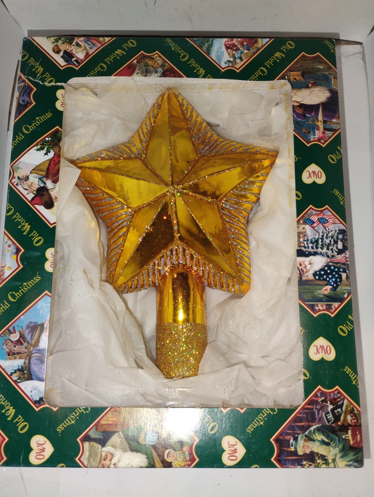 Vtg Glass Gold Glitter Large Tree Topper Old World Christmas OWC VGC Nice Gift
