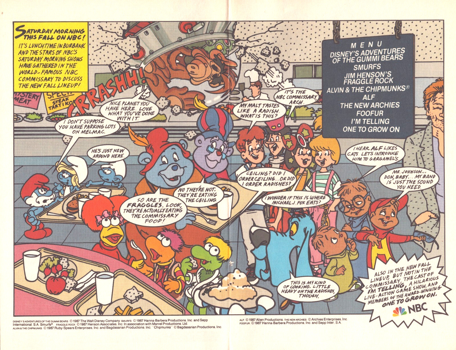 1987 NBC Saturday Morning Cartoons 2pg PRINT AD - Foofur Smurfs Gummi Bears Alf 1987 NBC Saturday Morning Cartoons 2pg PRINT AD - Foofur Smurfs Gummi Bears Alf