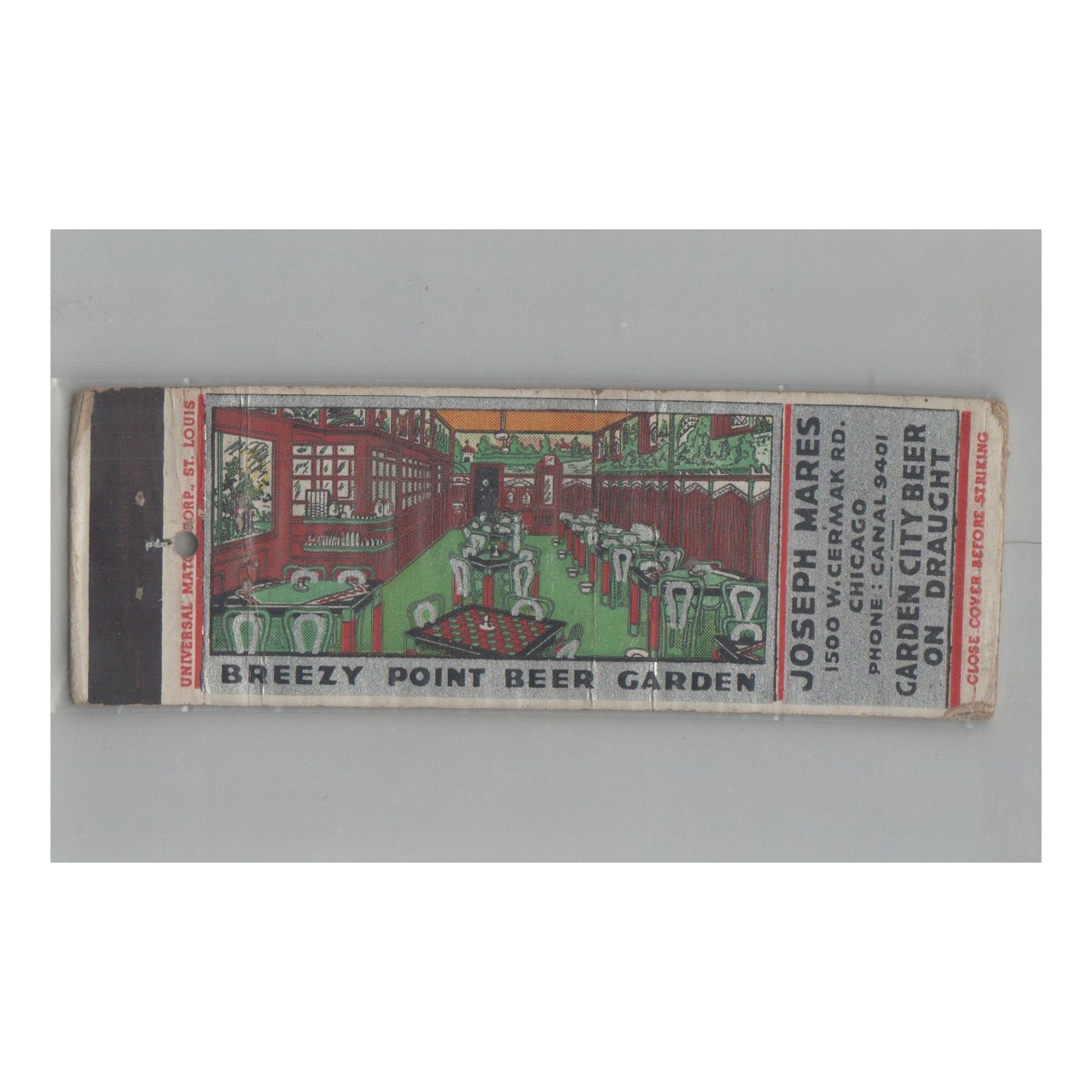 1920s-1930s Matchbook Cover Joseph Mares Breezy Point Beer Garden Chicago IL #2