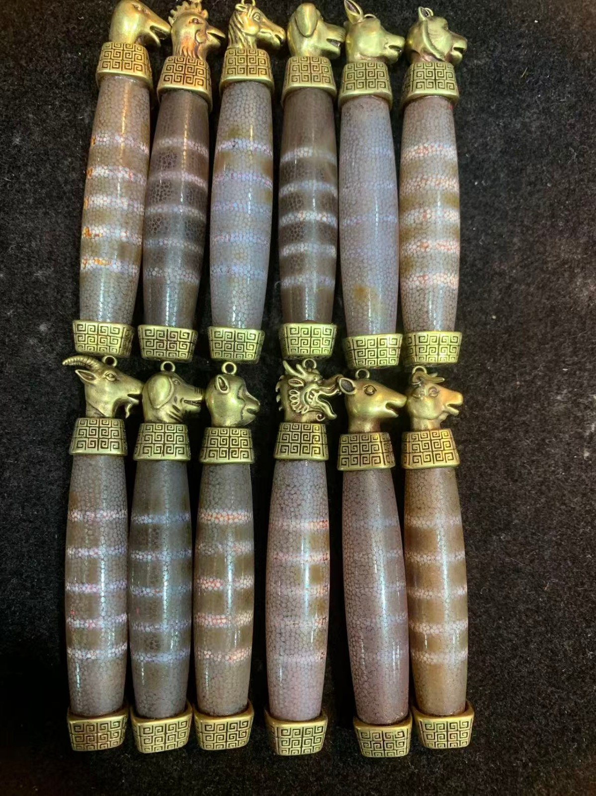 12Pcs (1Set) Tibetan Brass 12Animas Inlay Old Agate Dzi *5Stripes* Bead Pendants