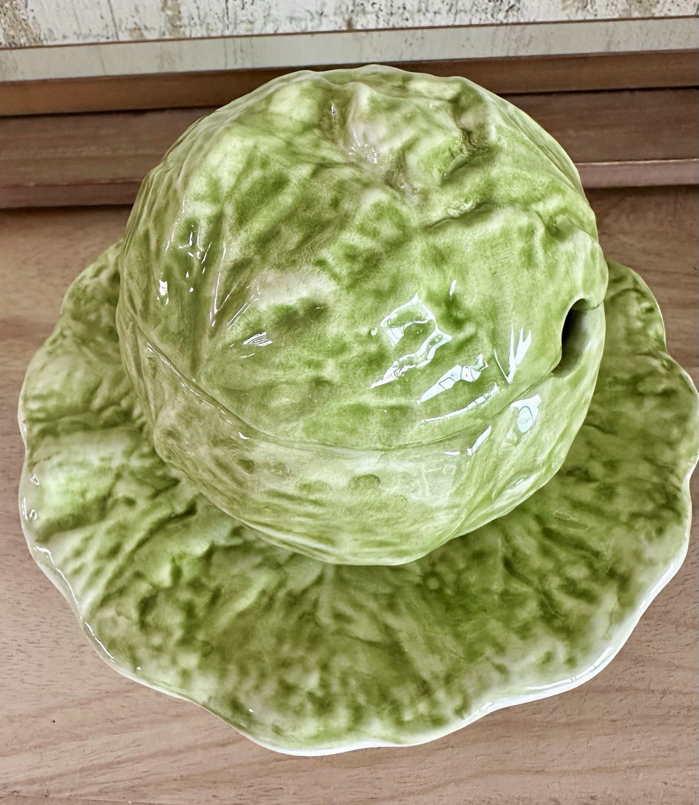 Vintage Magolica Cabbageware Soup or Sauce Tureen w/ Lid & Plate, Italy Vintage Magolica Cabbageware Soup or Sauce Tureen w/ Lid & Plate, Italy