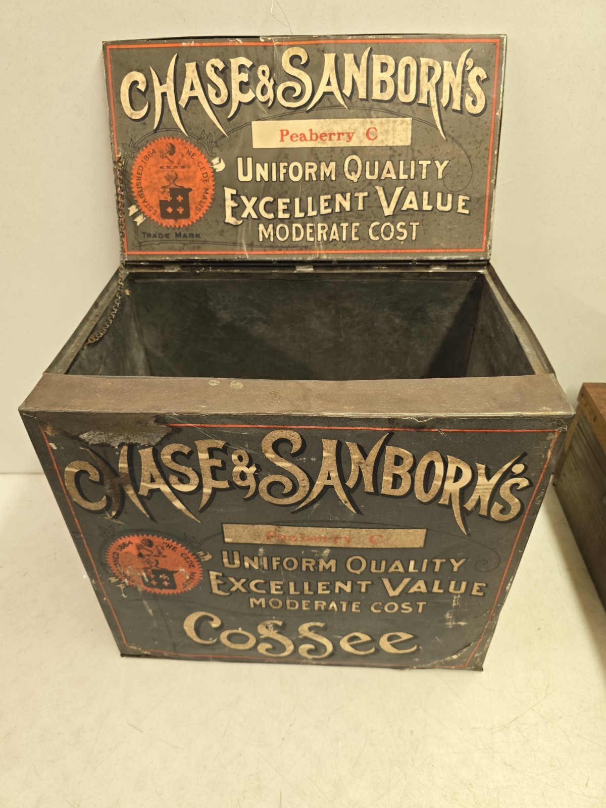 Antique Chase & Sanborn General Store Advertising Bulk Peaberry C Coffee Bin