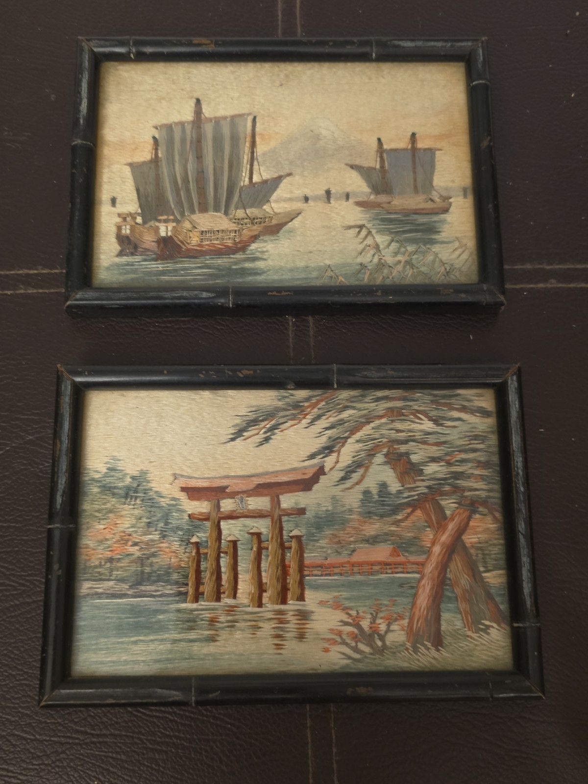 Pair Vtg Japanese Silk Embroidery Art Faux Bamboo Framed Joseph Horne Co Label