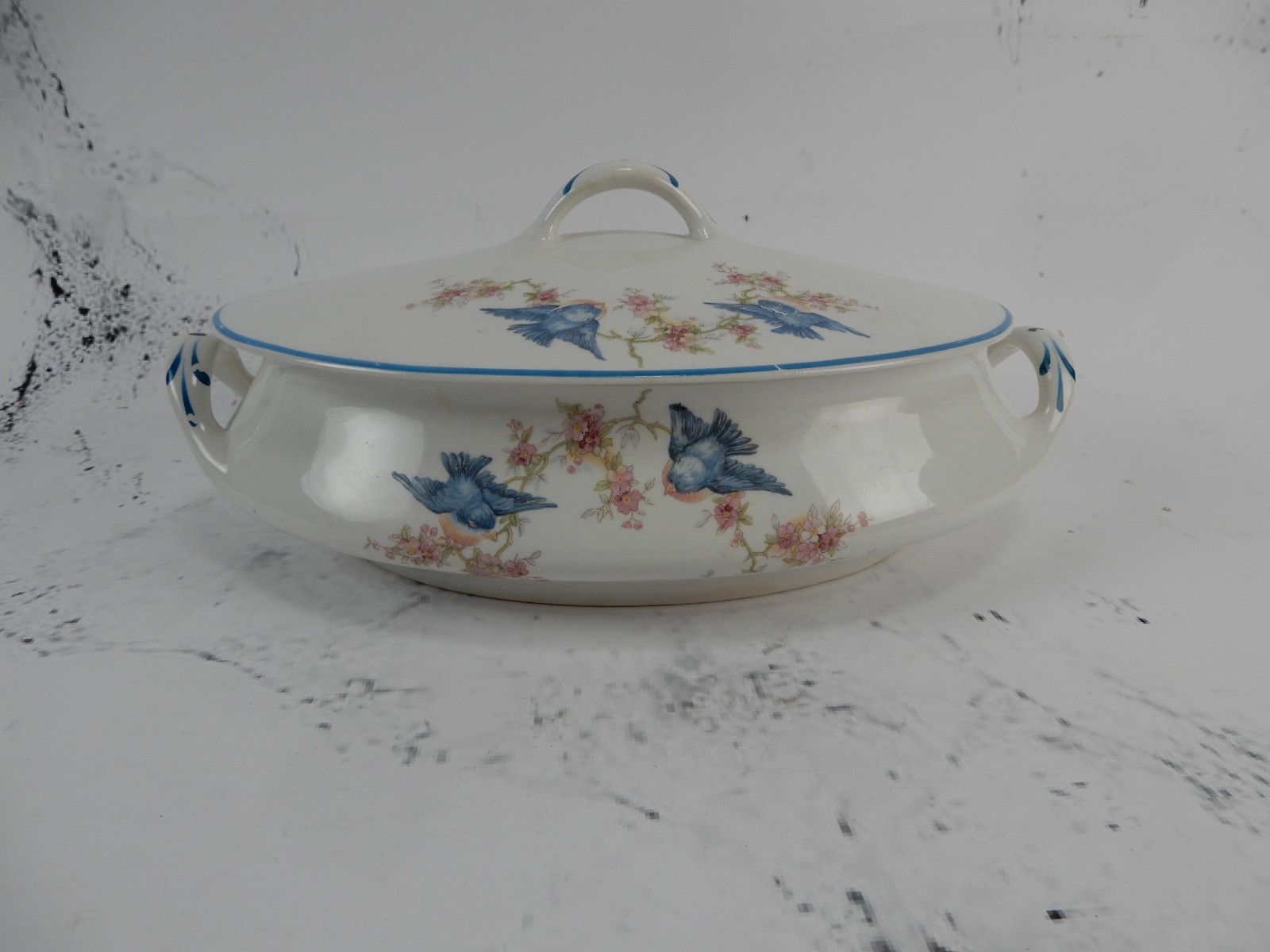 Vintage Homer Laughlin Blue Bird Decal Pattern Oval Covered Casserole ca. 1930