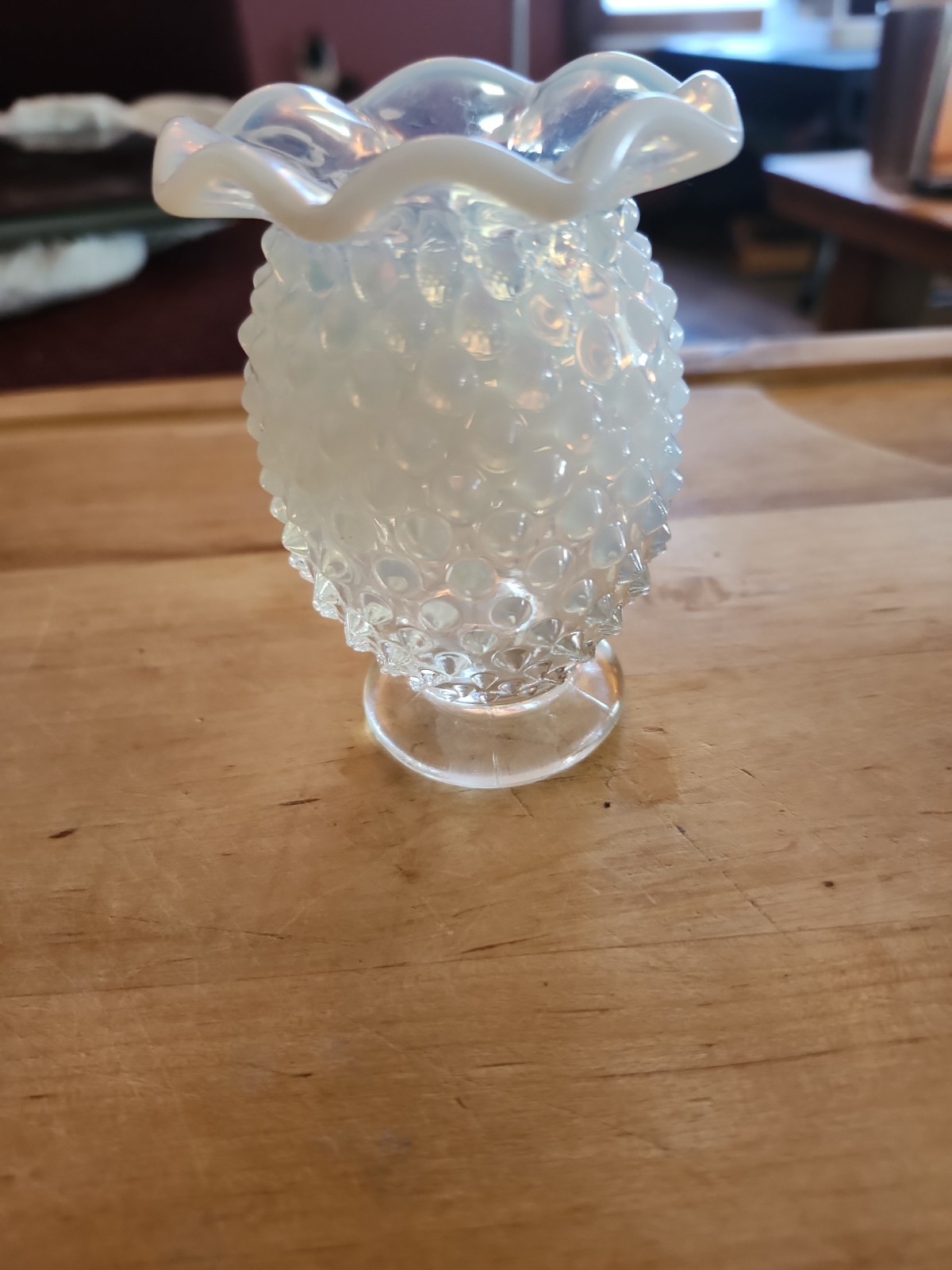 Ventage Fenton French Opalescent Hobnail miniature ruffled vase Excellent Shape Ventage Fenton French Opalescent Hobnail miniature ruffled vase Excellent Shape